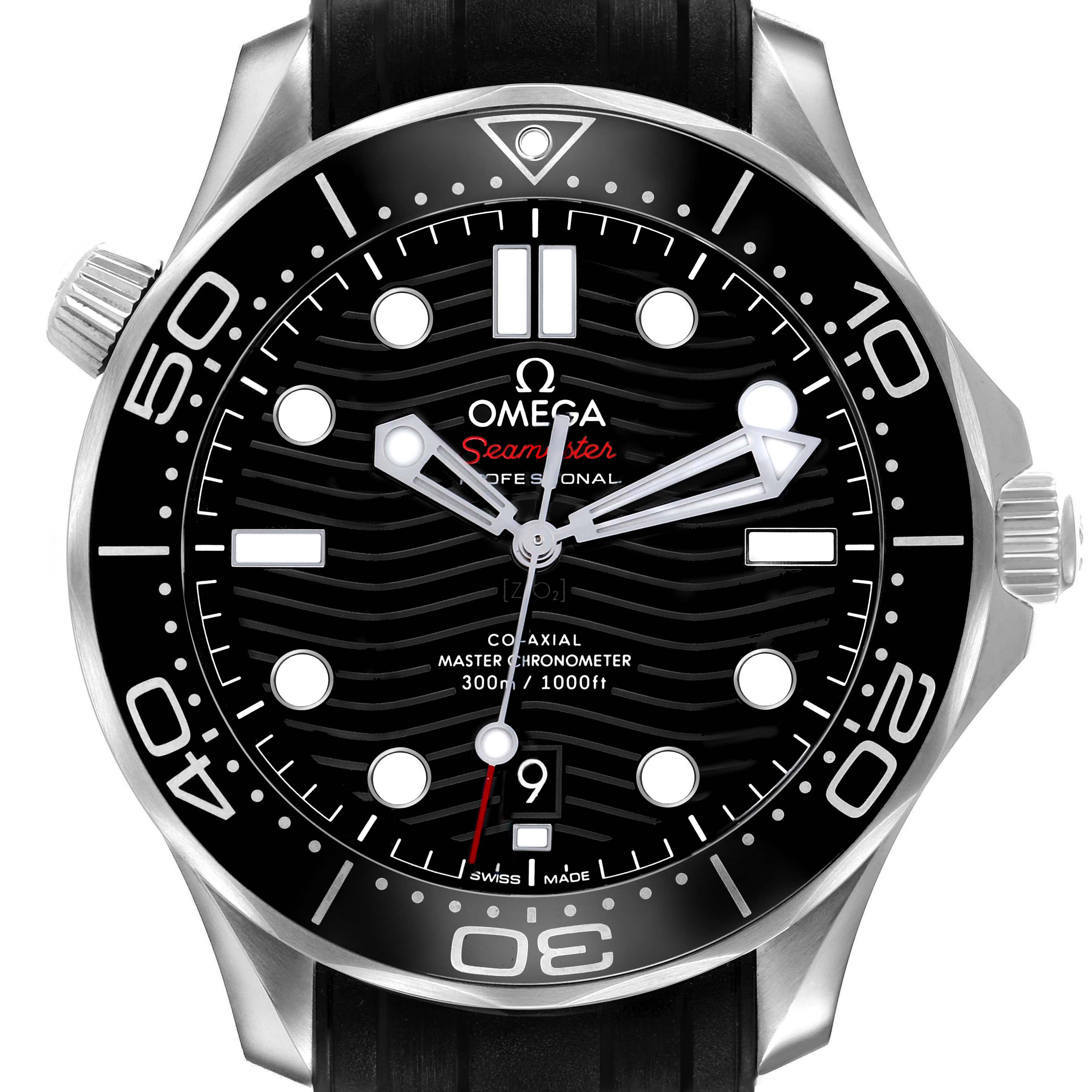 The Omega Seamaster 210.32.42.20.01.001 Men's Stainless Steel Black Dial watch is shown from a front angle, displaying the dial, bezel, and crown.