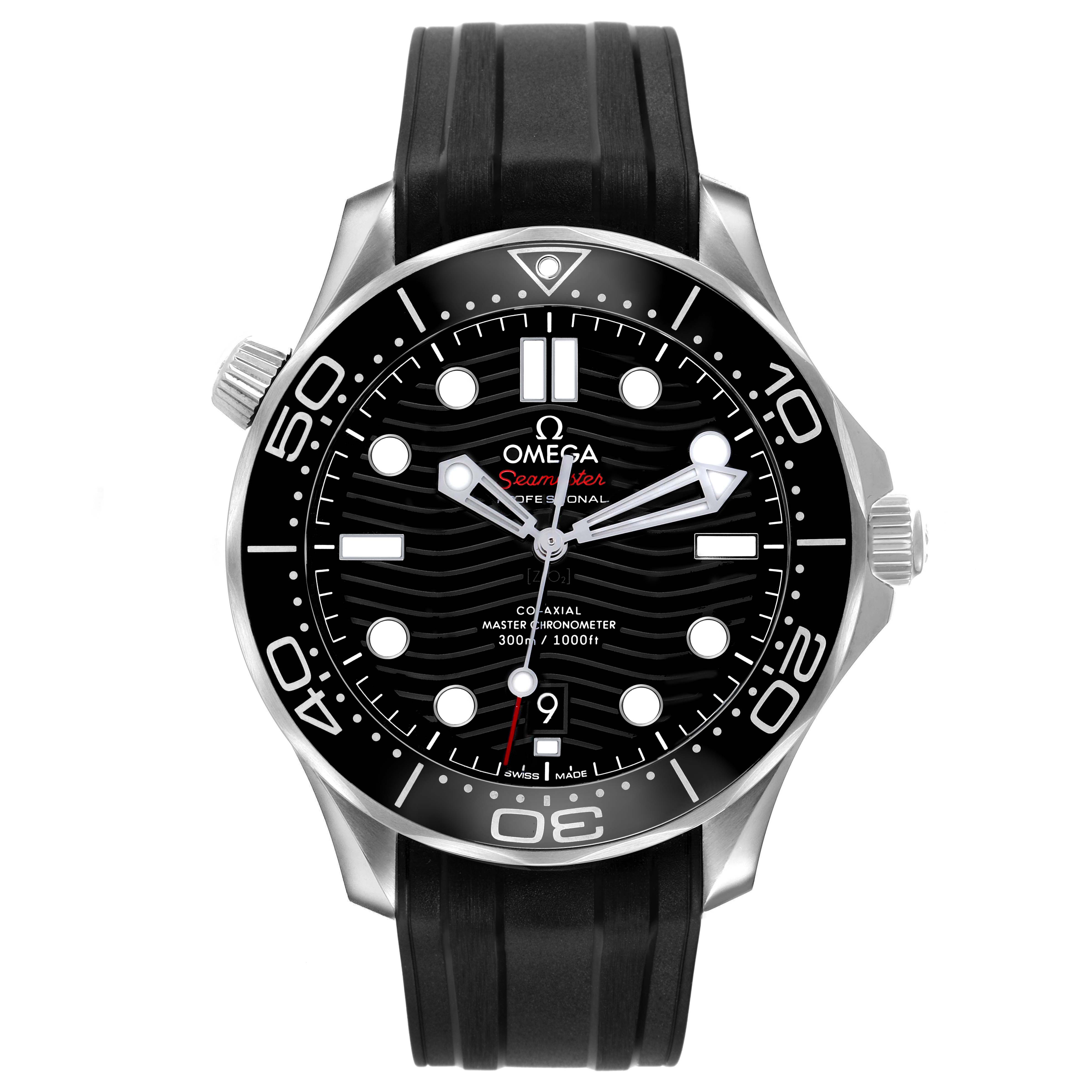 The Omega Seamaster 210.32.42.20.01.001 Men's Stainless Steel Black Dial watch is shown from the front, featuring the dial, bezel, case, and part of the rubber strap.