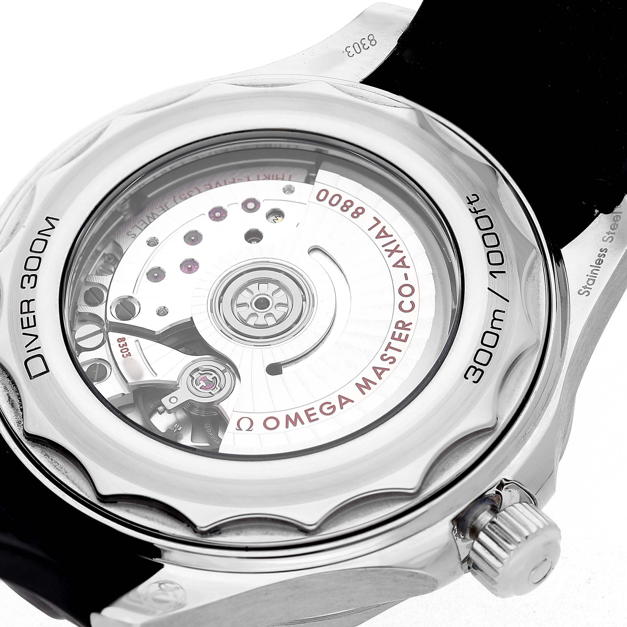 The image shows the back view of the Omega Seamaster 210.32.42.20.01.001 Men's Stainless Steel Black Dial watch, highlighting its movement and transparent case back.