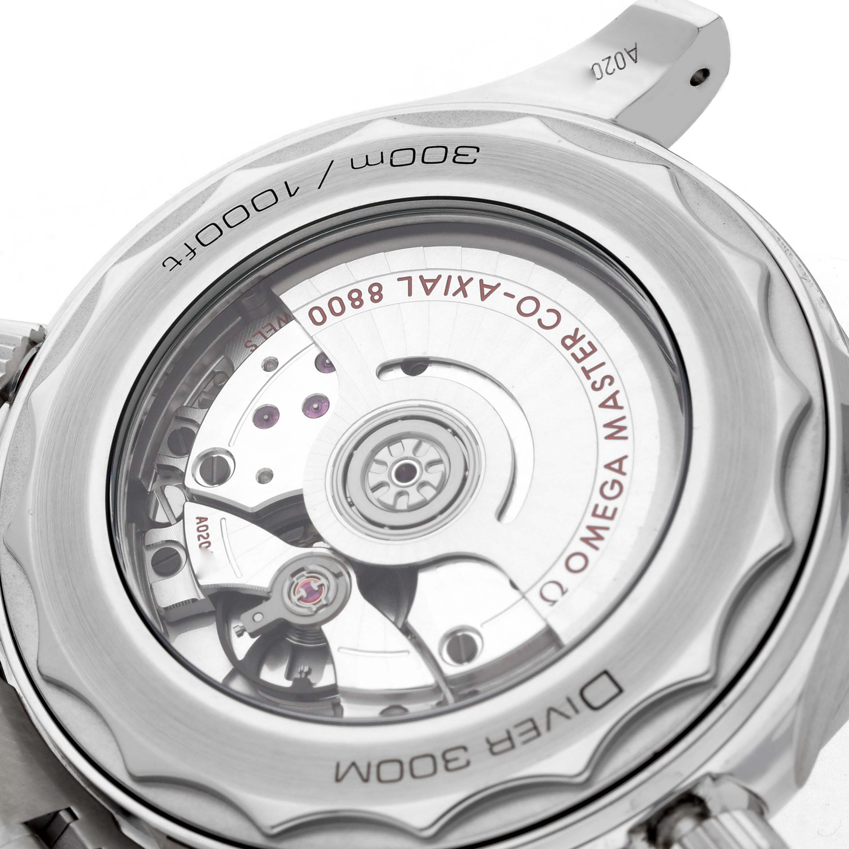 The image shows the back view of the Omega Seamaster 210.30.42.20.03.001 Men
s Stainless Steel Blue Dial, highlighting the movement and rotor details through a transparent case back.