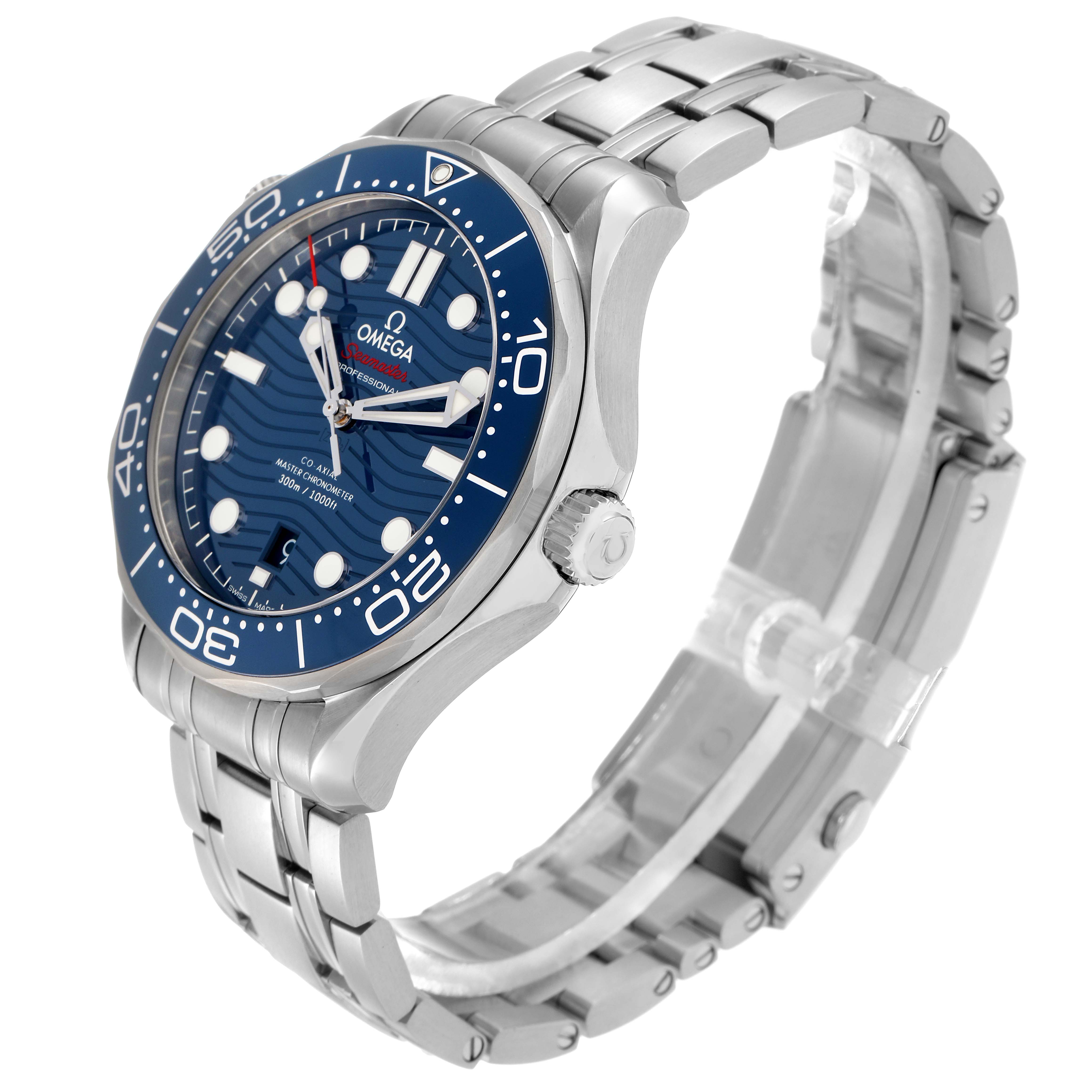 The Omega Seamaster 210.30.42.20.03.001 Men
s Stainless Steel Blue Dial watch is shown at a three-quarter angle, displaying the face, bezel, crown, and stainless steel bracelet.