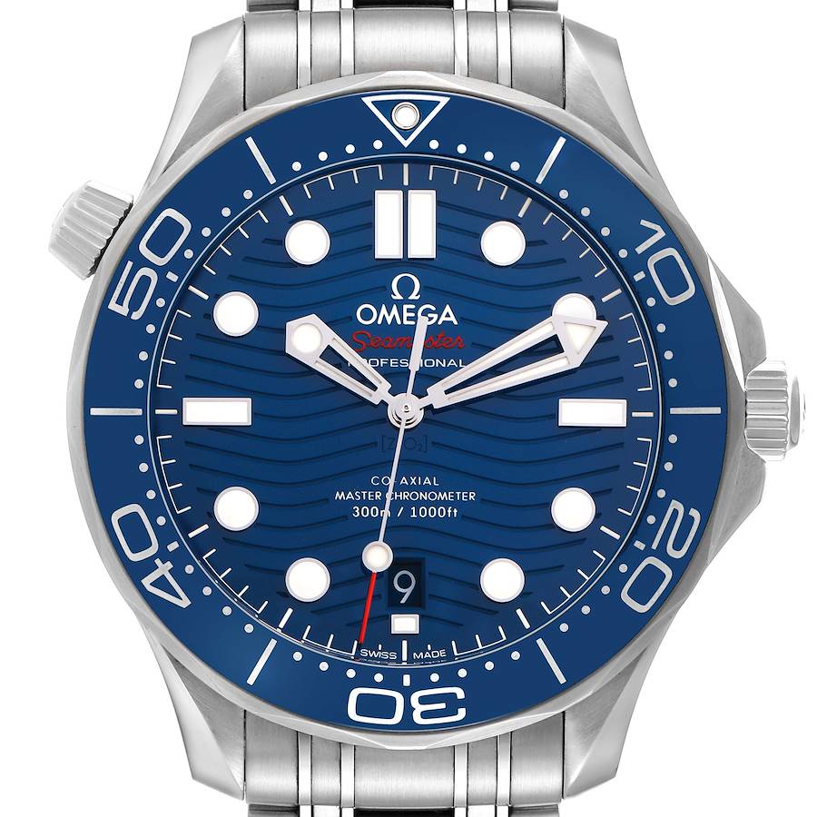 The image shows the dial and bezel of the Omega Seamaster model 210.30.42.20.03.001 Men's watch head-on, highlighting the blue face and detailing.