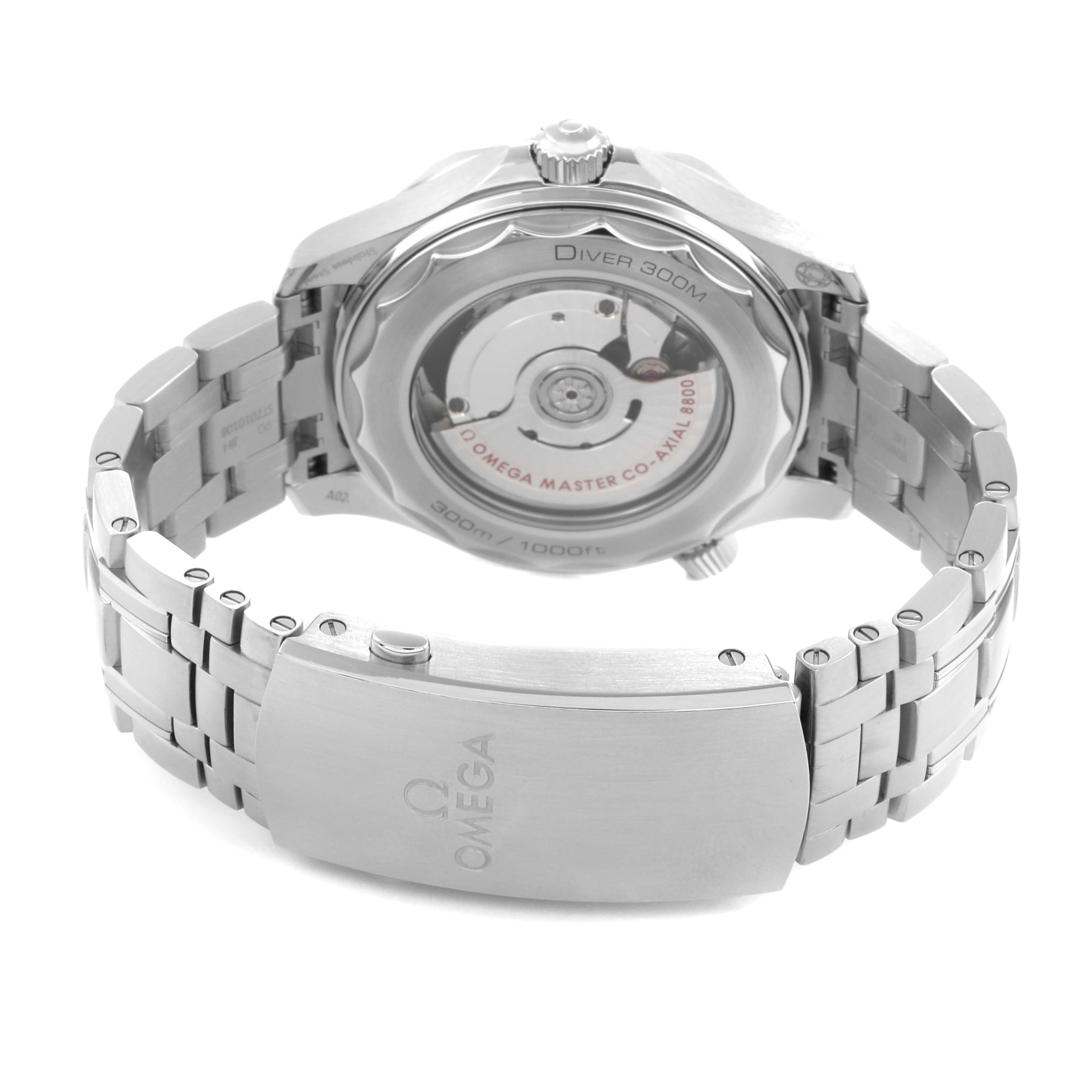 The Omega Seamaster 210.30.42.20.03.001 Men
s Stainless Steel Blue Dial is shown from the back, displaying its movement, clasp, and metal bracelet.