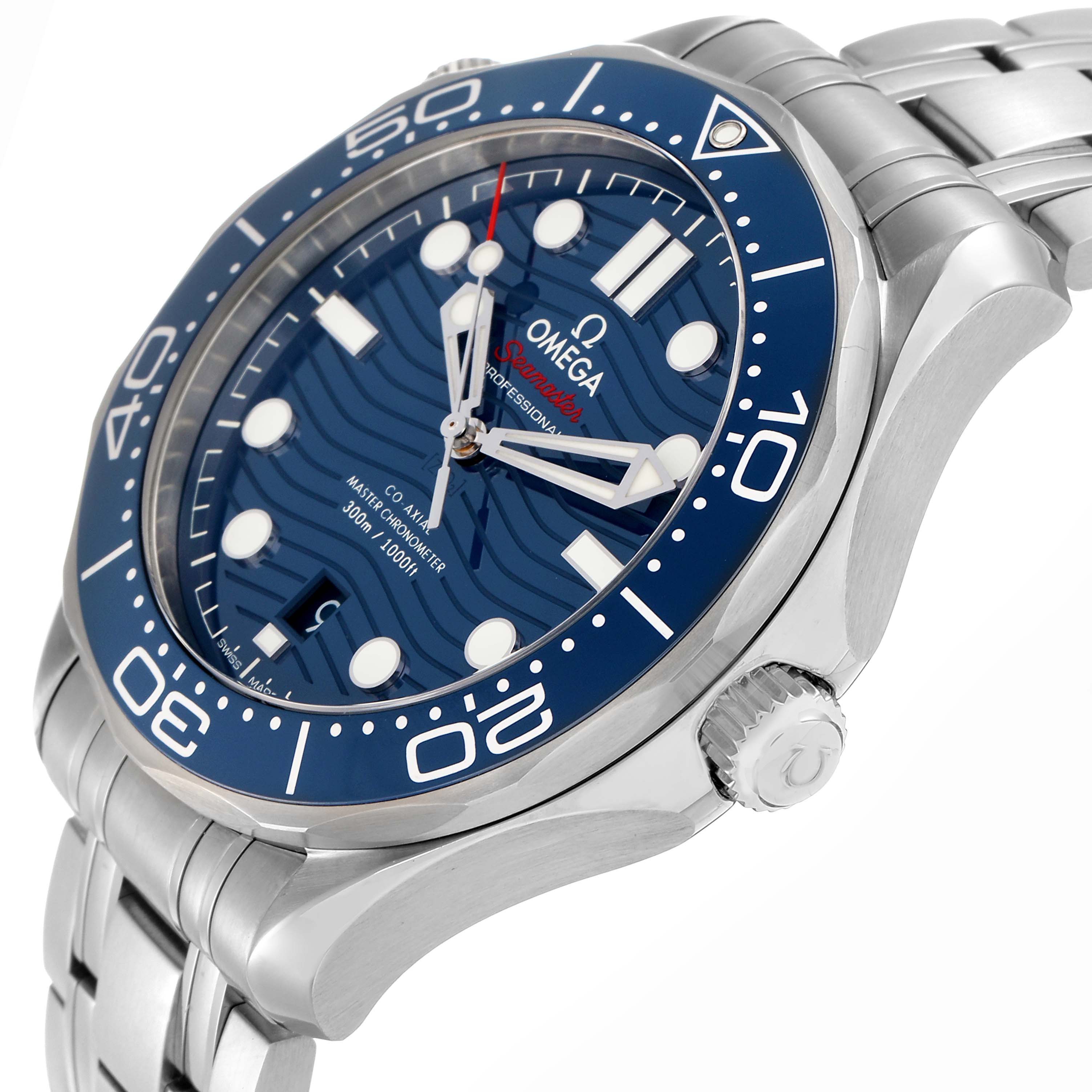 The Omega Seamaster 210.30.42.20.03.001 Men
s Stainless Steel Blue Dial watch is shown at a side angle, highlighting the dial, bezel, crown, and part of the bracelet.