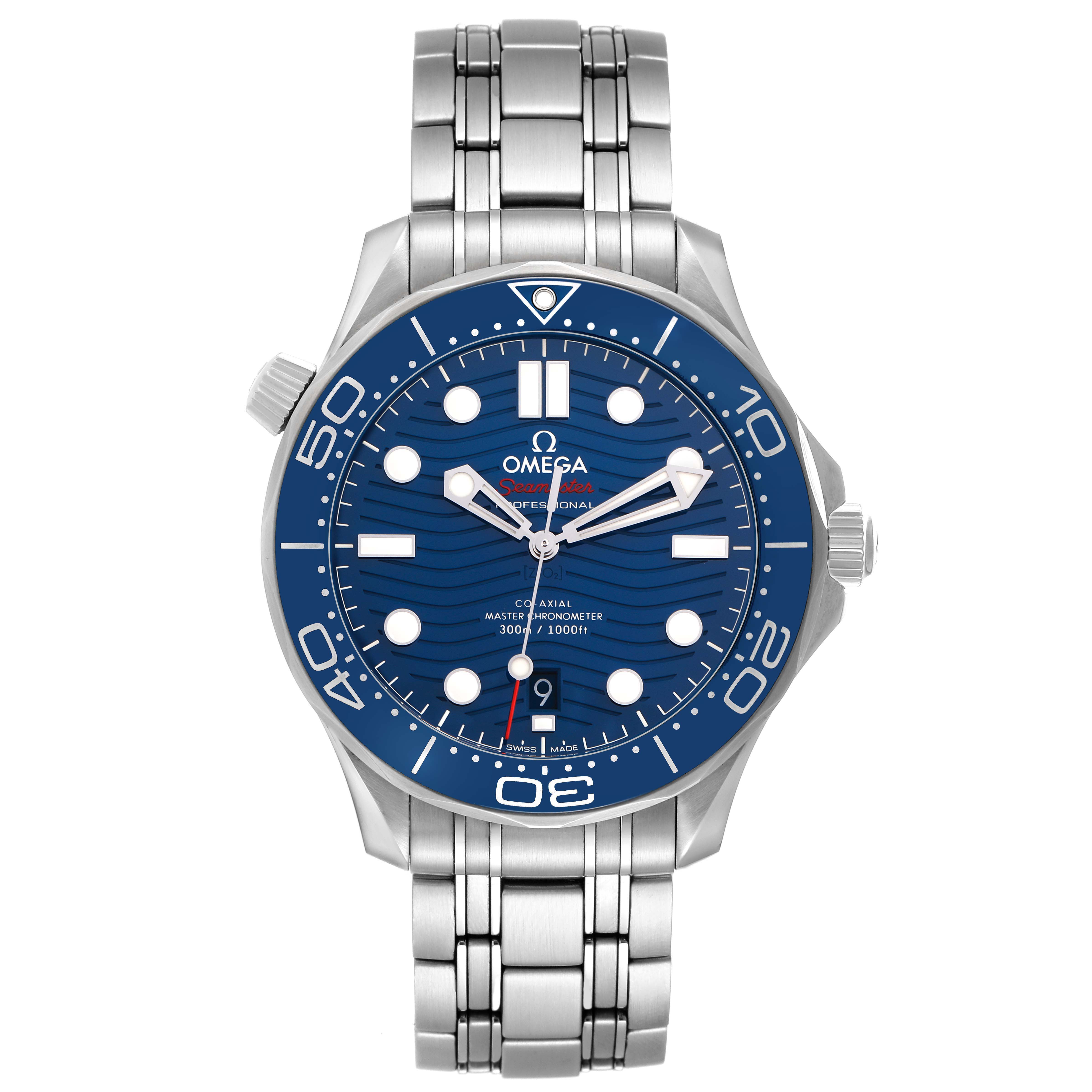The Omega Seamaster 210.30.42.20.03.001 Men
s Stainless Steel Blue Dial watch is shown from a top-down angle, displaying the face, bezel, and bracelet.