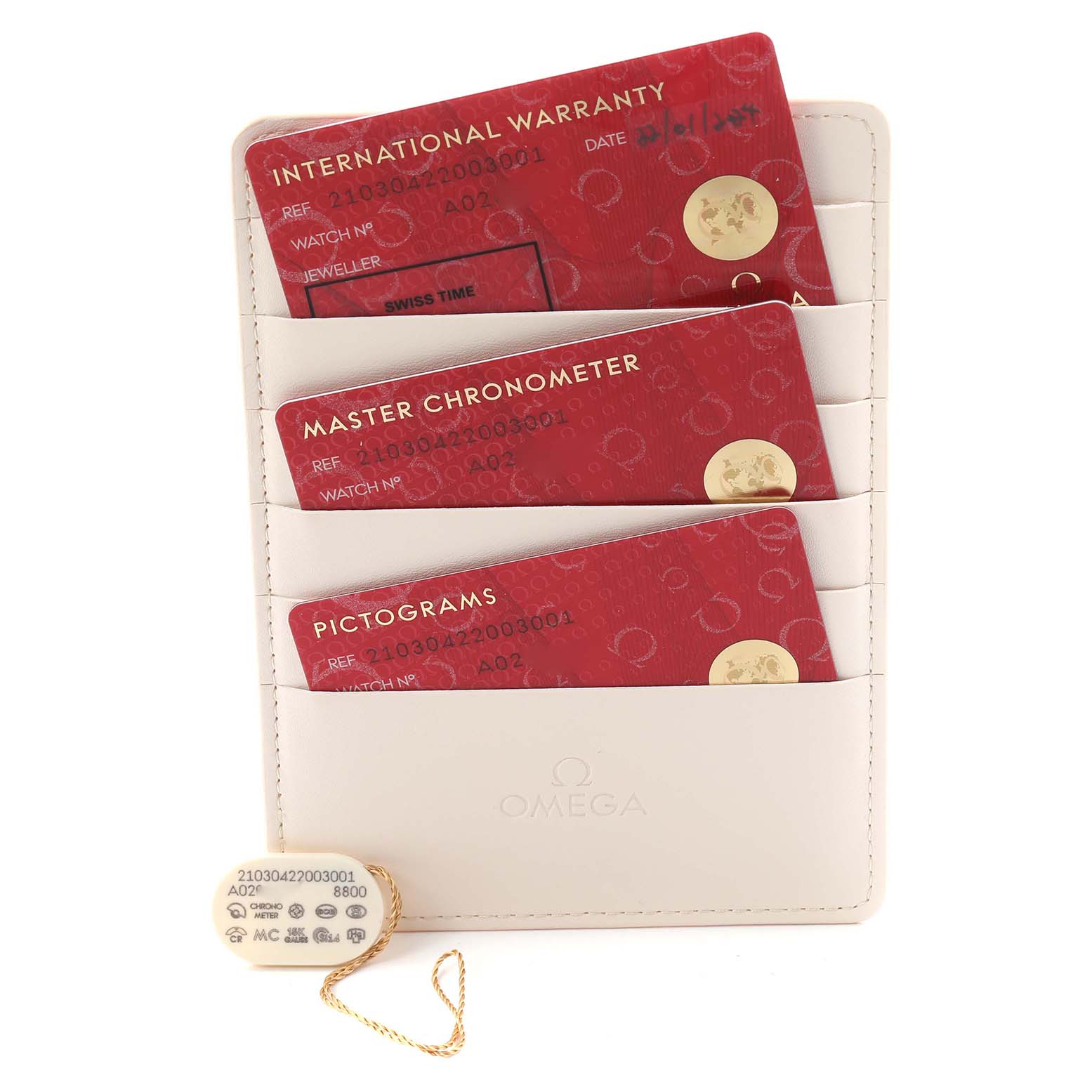 The image shows Omega Seamaster 210.30.42.20.03.001 Men
s Stainless Steel Blue Dial documentation and a tag, including warranty and chronometer cards.