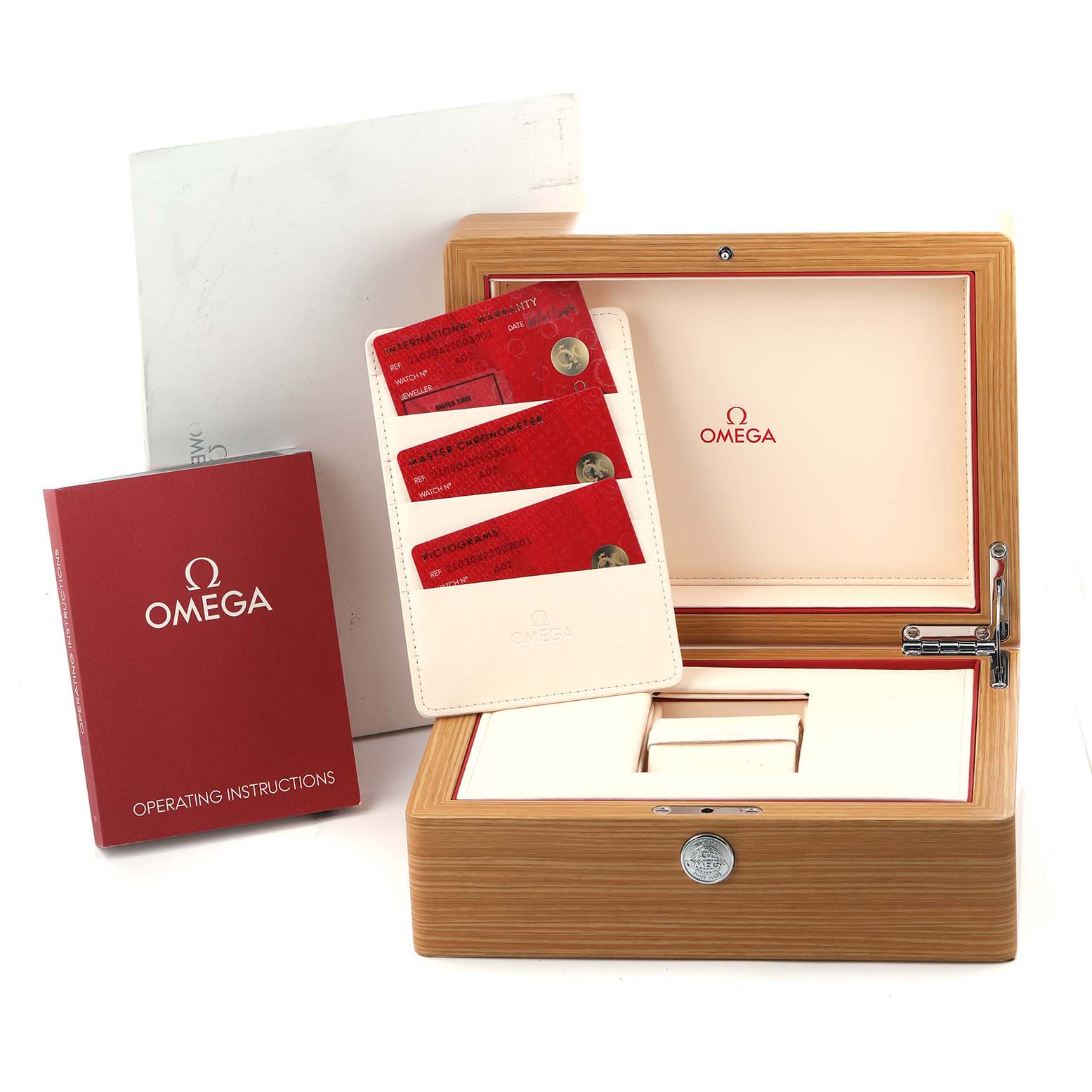 The image shows an Omega Seamaster 210.30.42.20.03.001 Men
s Stainless Steel Blue Dial watch box, operating instructions, and warranty cards from a front angle.