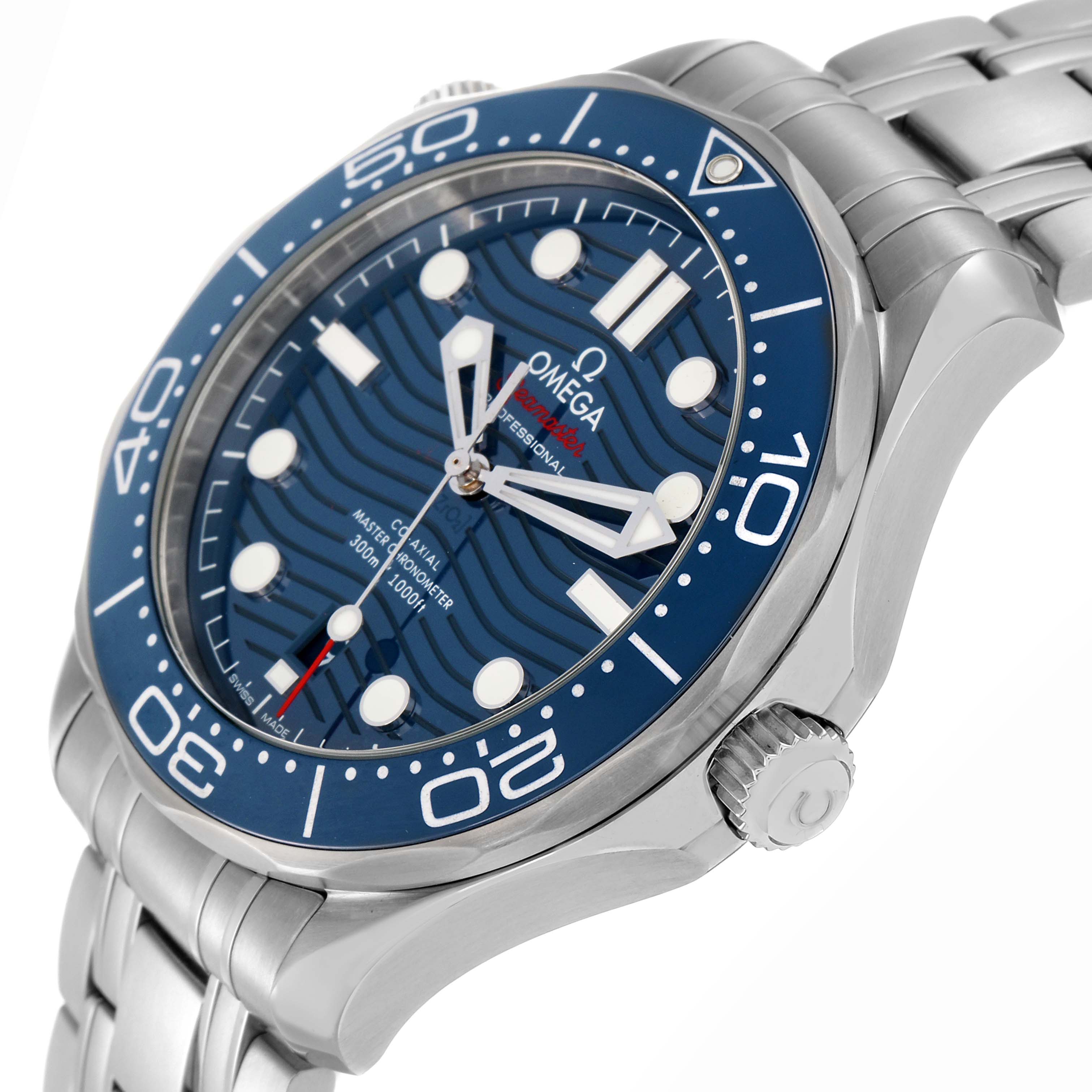 The Omega Seamaster 210.30.42.20.03.001 Men
s Stainless Steel Blue Dial watch is shown at a three-quarter angle, highlighting the bezel, crown, and part of the bracelet.