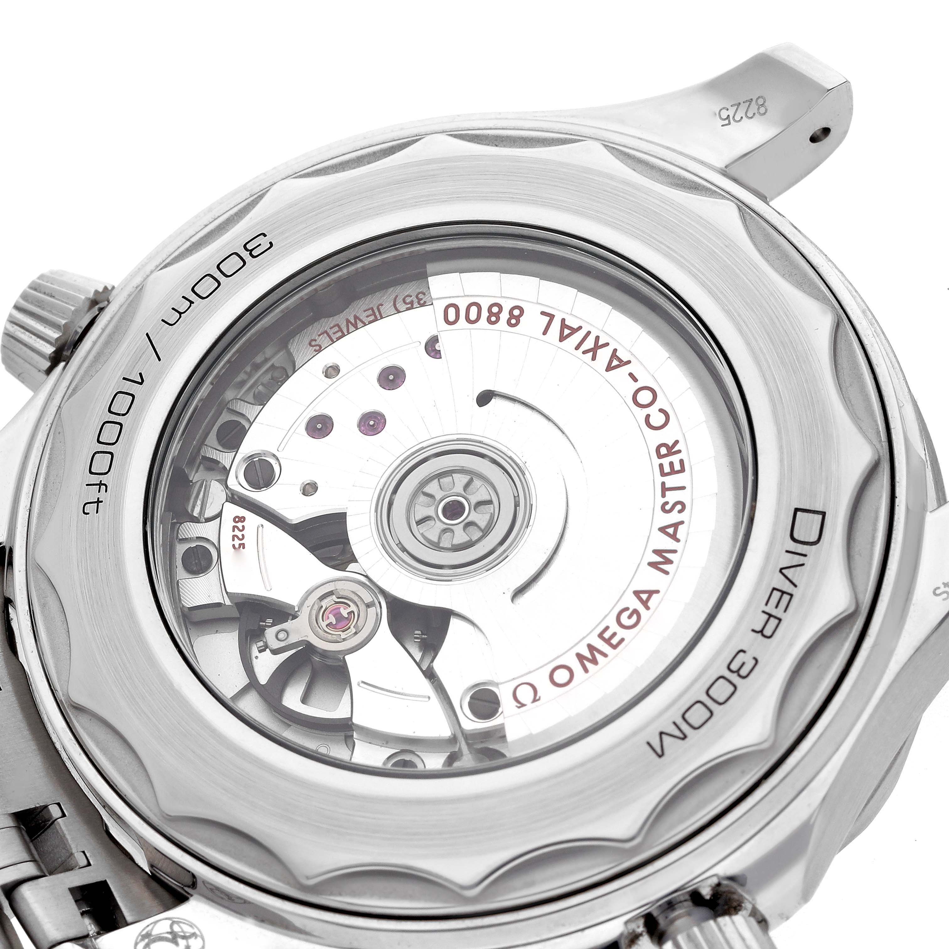 The image shows the back of the Omega Seamaster 210.30.42.20.03.001 Men
s Stainless Steel Blue Dial watch, highlighting the visible movement and markings on the caseback.