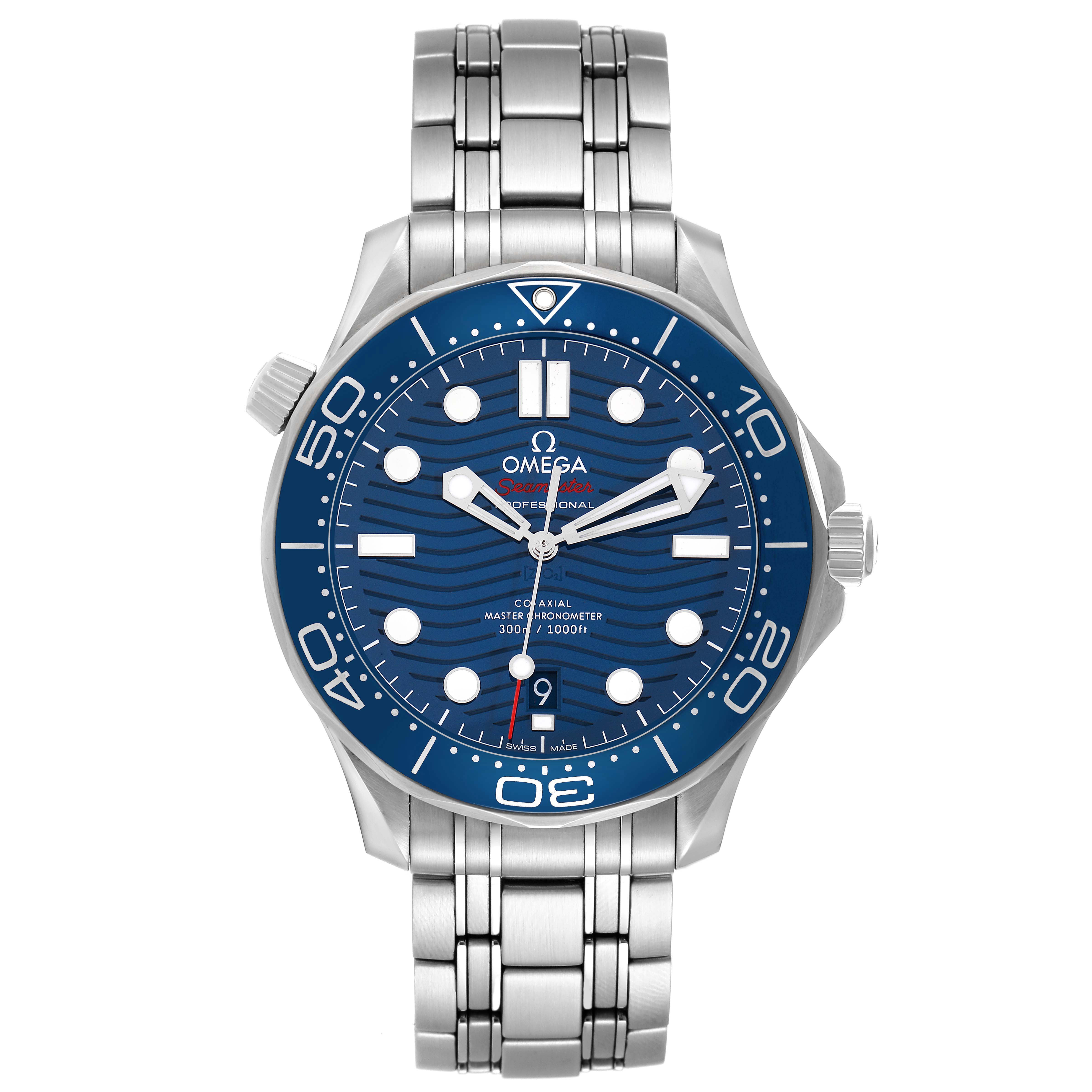 The Omega Seamaster 210.30.42.20.03.001 Men
s Stainless Steel Blue Dial watch is shown from the front, displaying the dial, bezel, and metal bracelet.