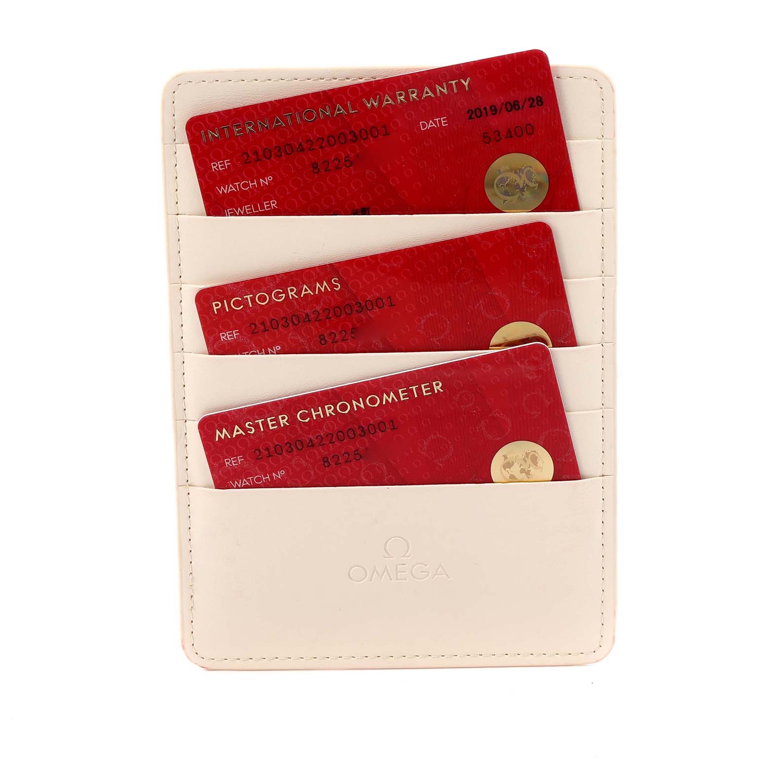 The image shows Omega Seamaster 210.30.42.20.03.001 Men
s Stainless Steel Blue Dial model cards: International Warranty, Pictograms, and Master Chronometer in a holder.