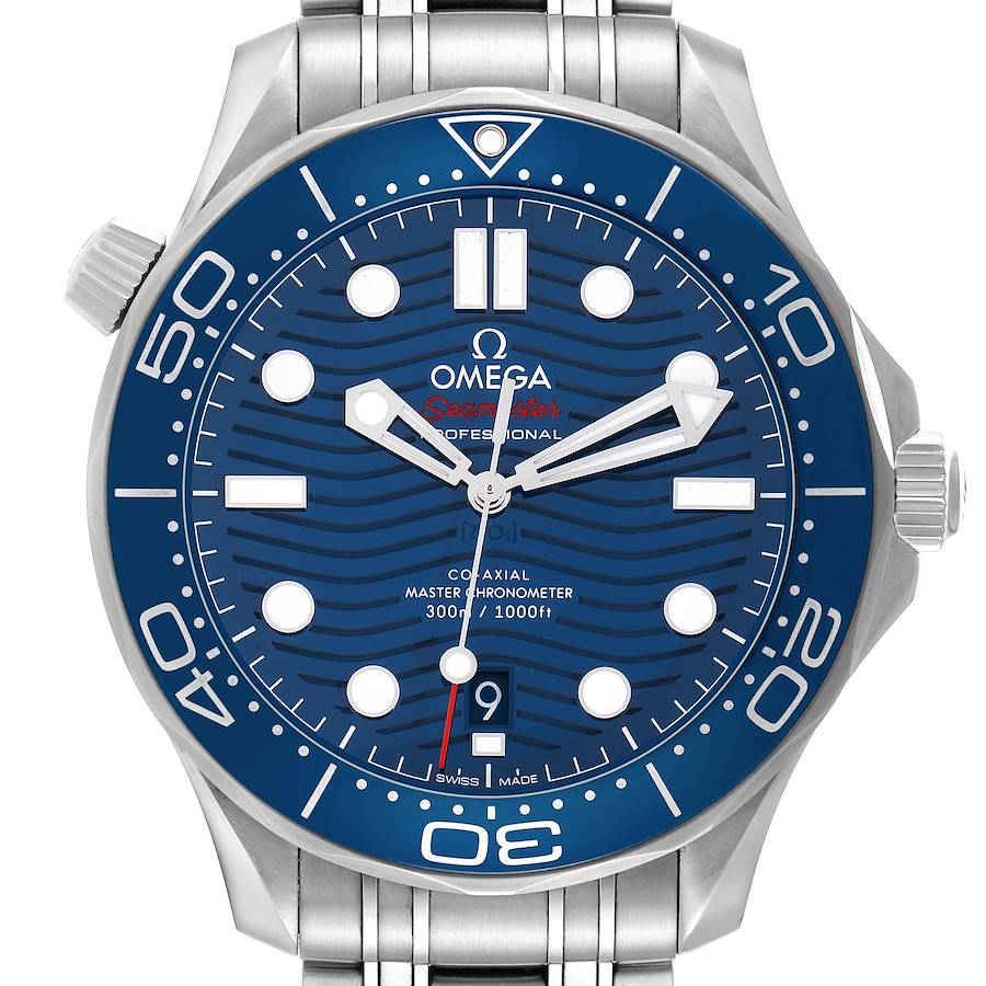 The Omega Seamaster model 210.30.42.20.03.001 is shown from a front angle, highlighting the blue dial, white markers, and the stainless steel bracelet.