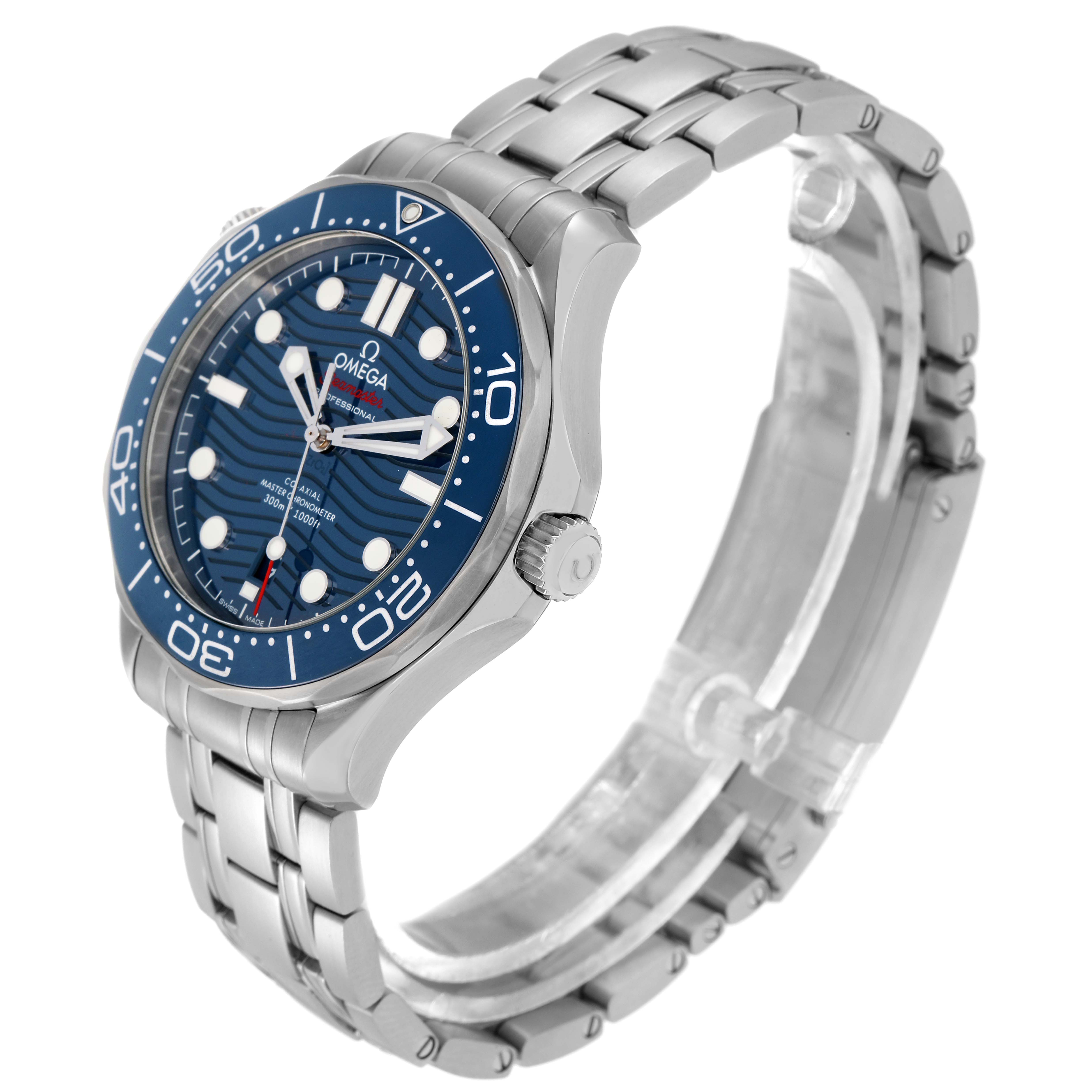 The Omega Seamaster 210.30.42.20.03.001 Men
s Stainless Steel Blue Dial is shown at an angle highlighting the face, bezel, crown, and bracelet.
