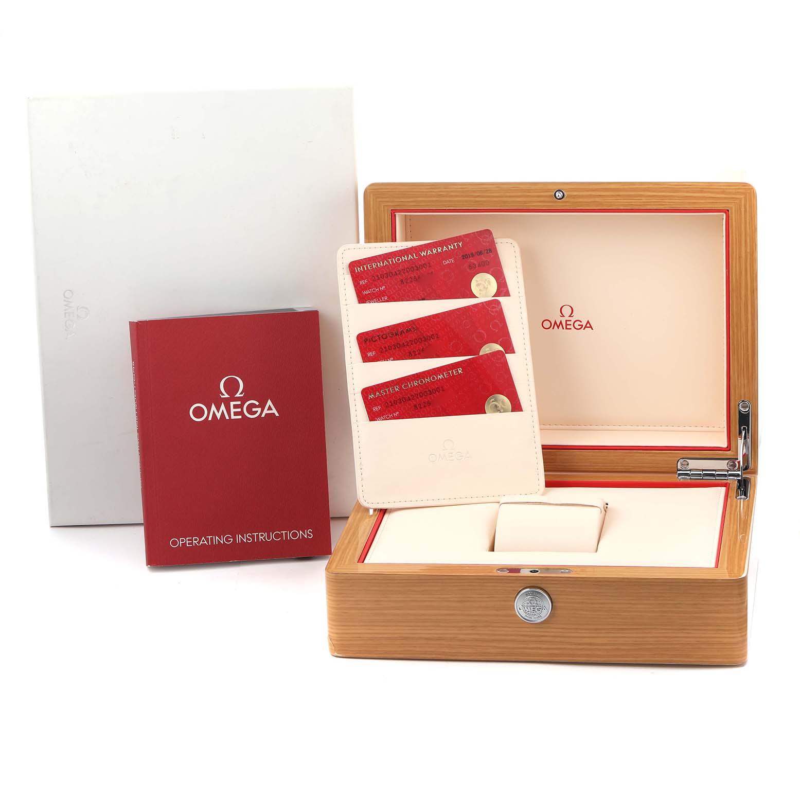 The image displays an Omega Seamaster 210.30.42.20.03.001 Men
s Stainless Steel Blue Dial box, with warranty cards, a manual, and packaging, photographed from a front angle.