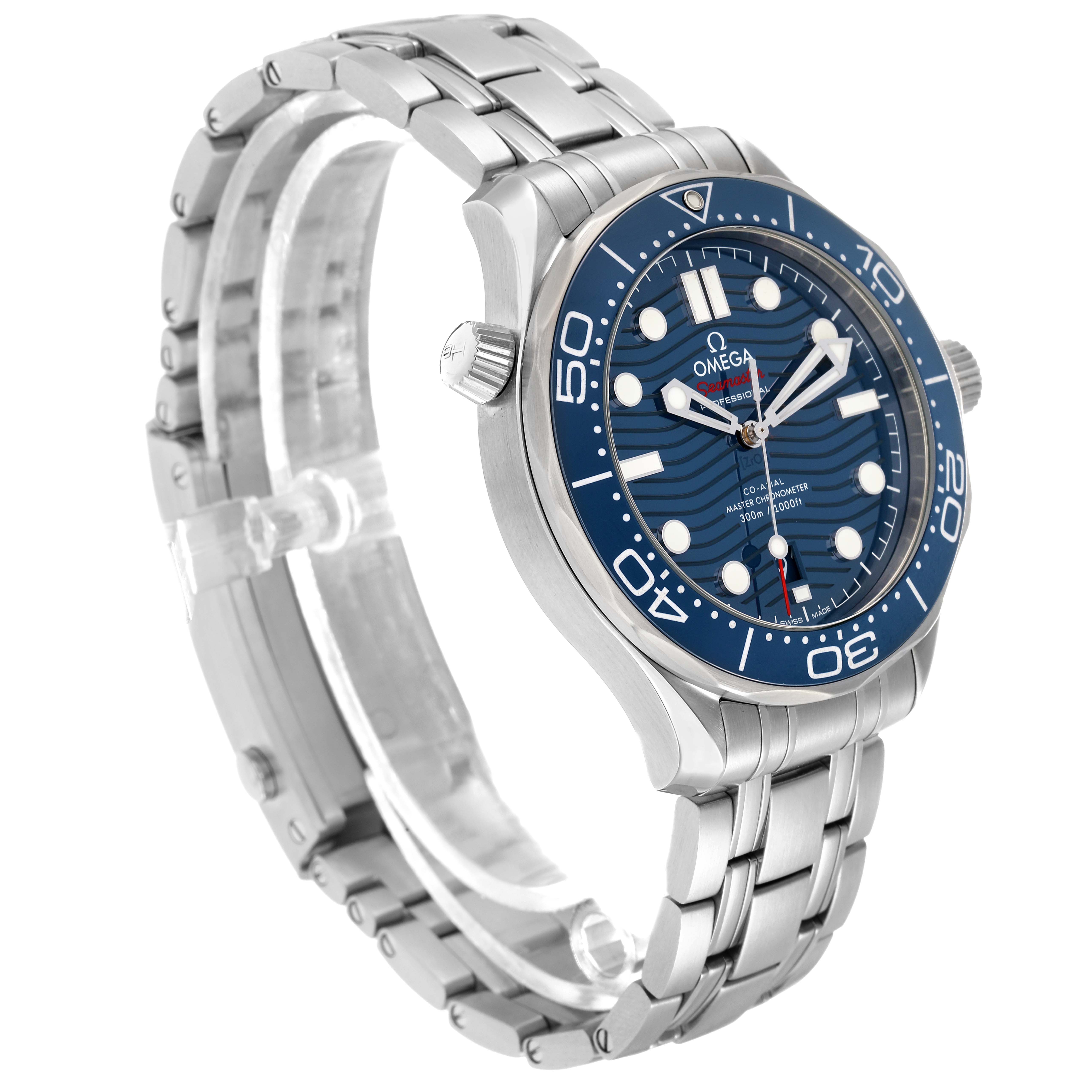 The Omega Seamaster 210.30.42.20.03.001 Men
s Stainless Steel Blue Dial watch is shown at a slight angle, highlighting the dial, bezel, case, and nearly the full bracelet.