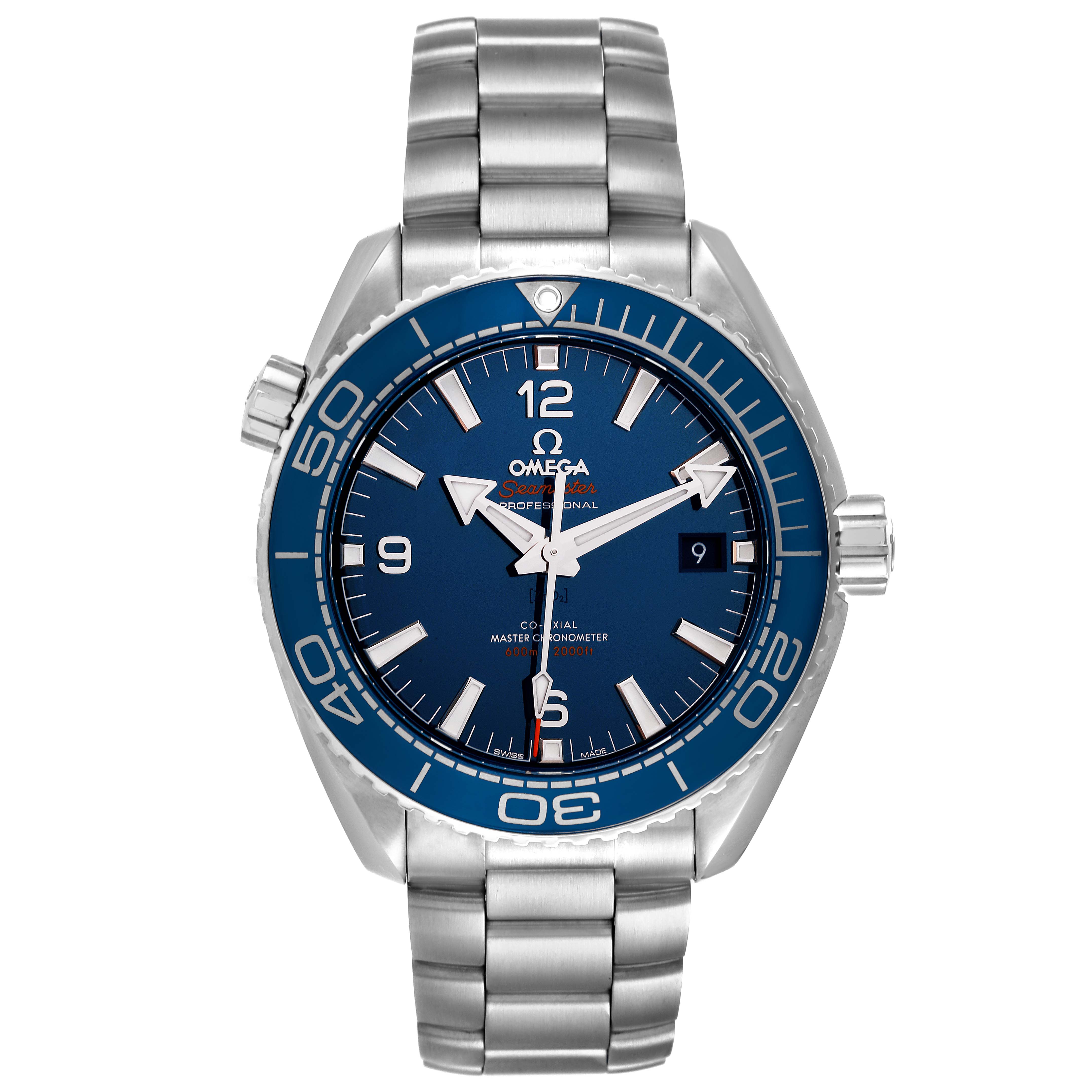 This image shows a front angle of the Omega Seamaster Planet Ocean Mens Watch 215.30.44.21.03.001, displaying the blue dial and stainless steel bracelet.