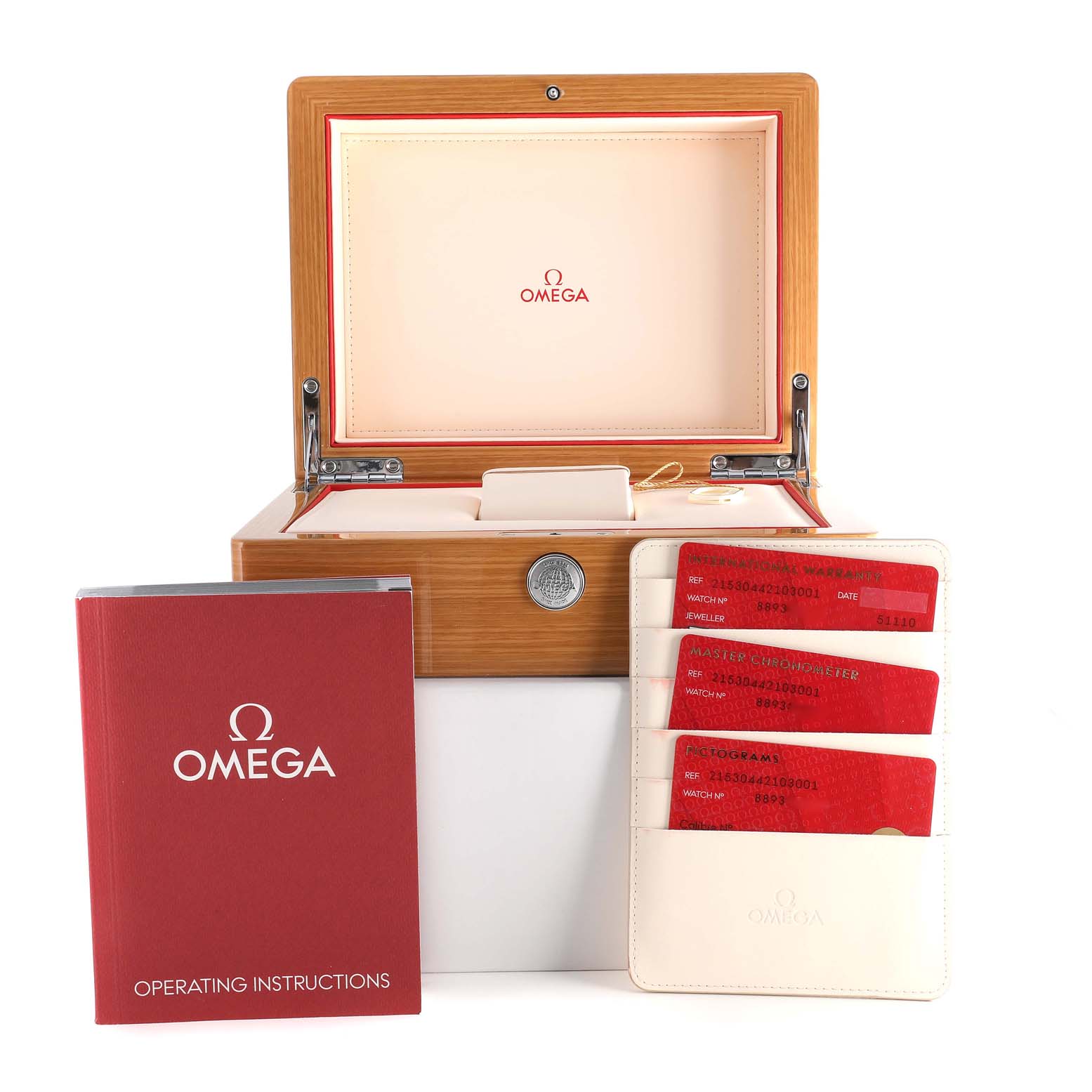 The image shows the Omega Seamaster Planet Ocean 215.30.44.21.03.001 watch box, operating instructions, and warranty cards.