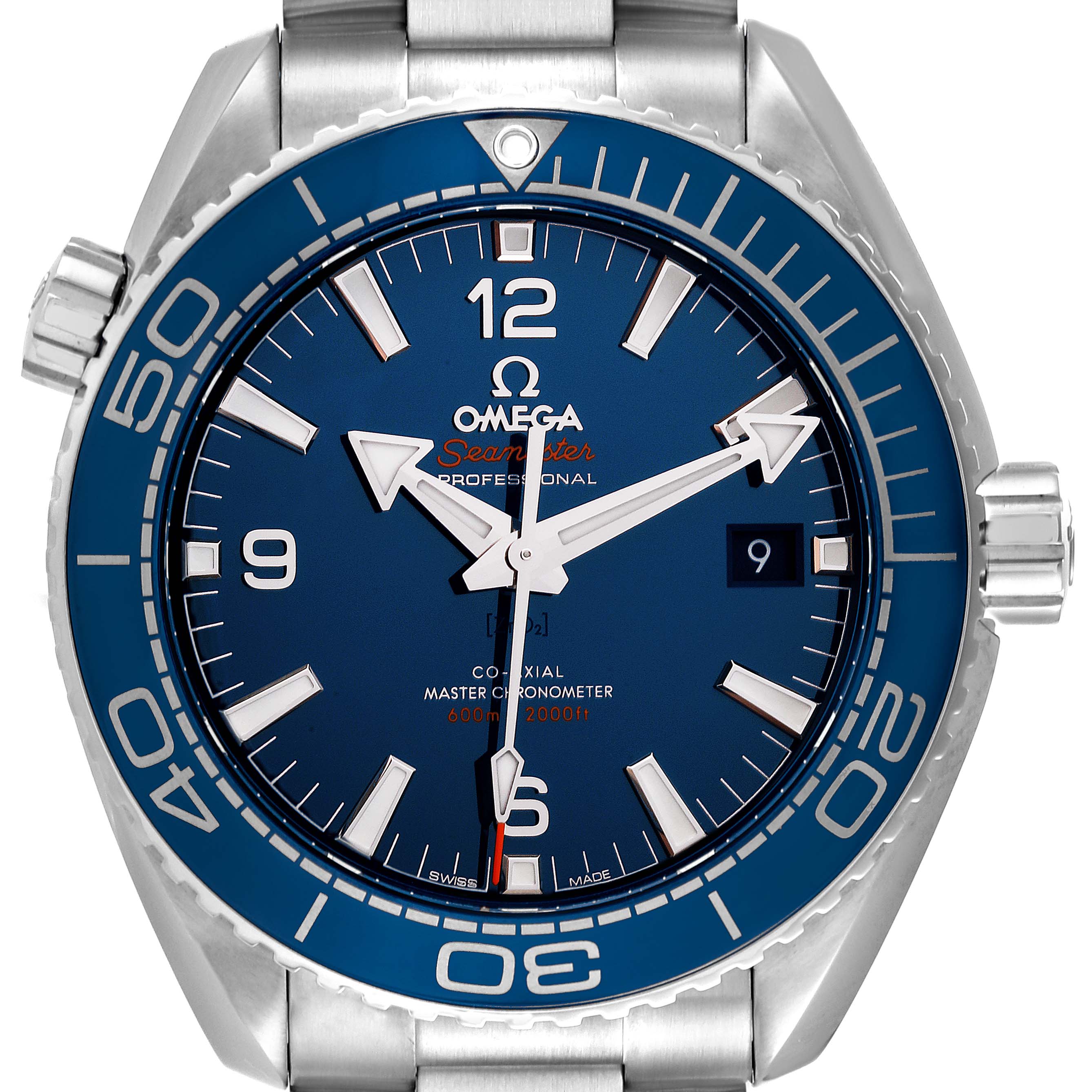 The Omega Seamaster Planet Ocean Mens Watch model 215.30.44.21.03.001 is shown from the front, displaying the dial, bezel, and crown.