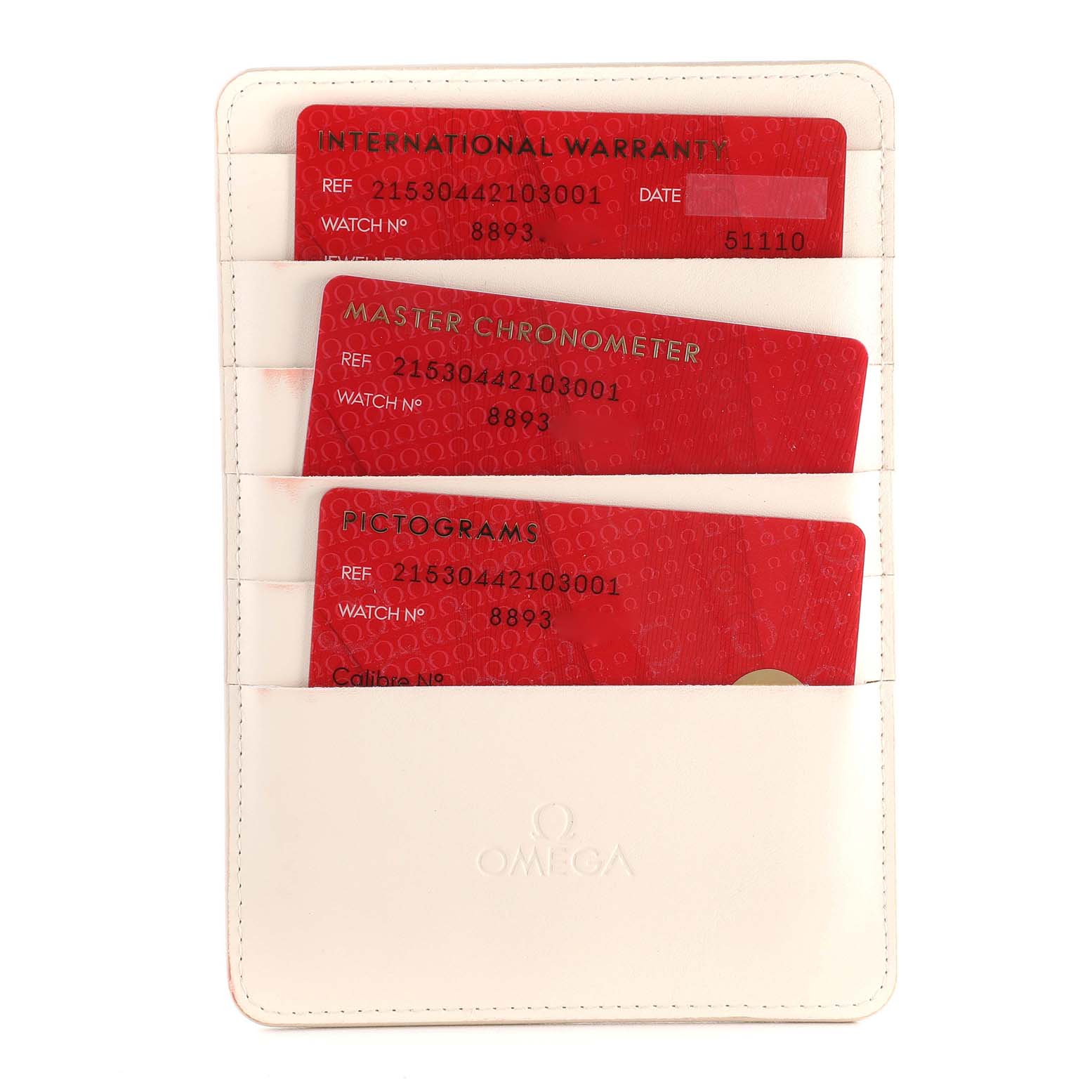 The image shows warranty and information cards in a white pouch for the Omega Seamaster Planet Ocean Men's Watch 215.30.44.21.03.001.