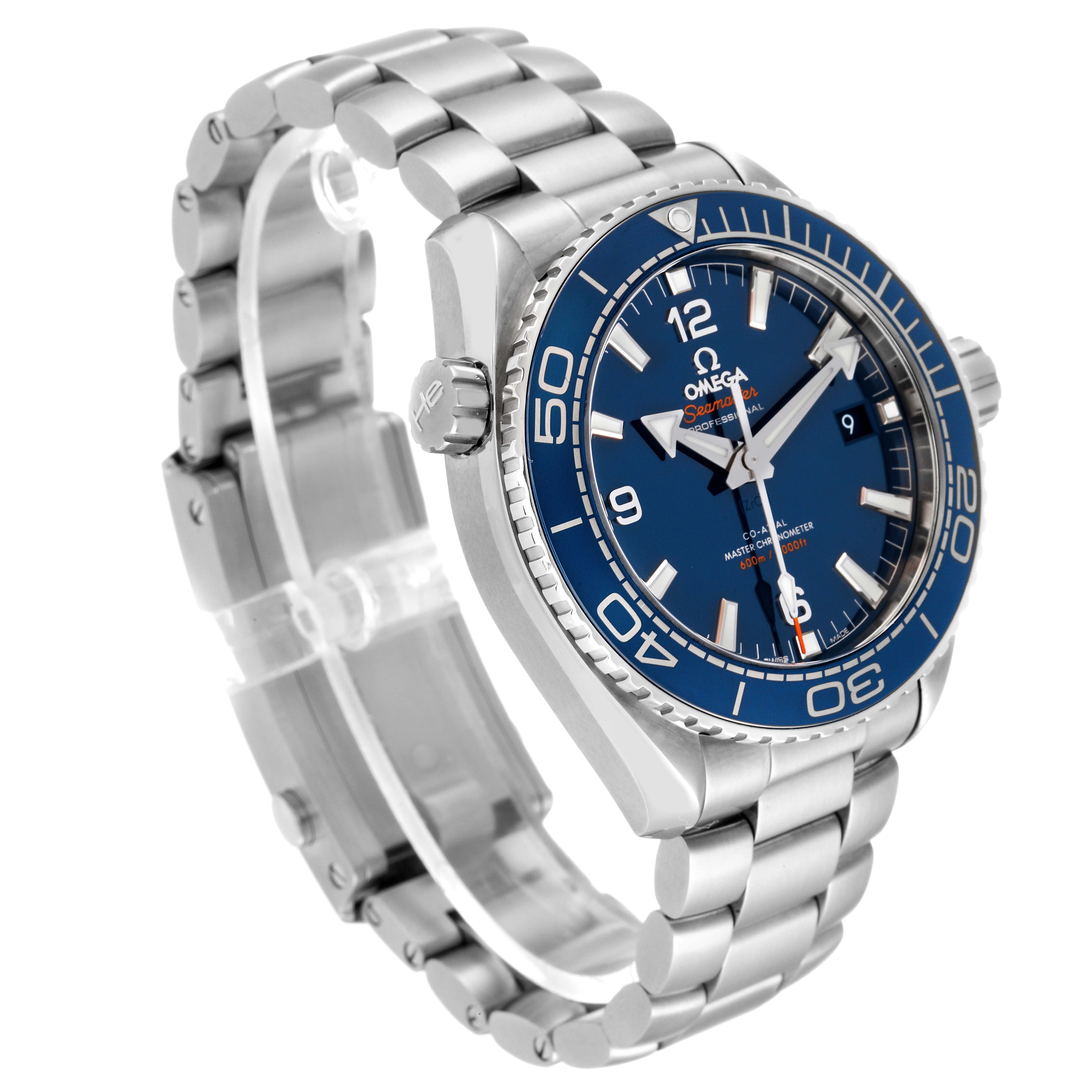 The Omega Seamaster Planet Ocean Mens Watch model 215.30.44.21.03.001 is shown at a tilted front angle, highlighting the face, bezel, and bracelet.