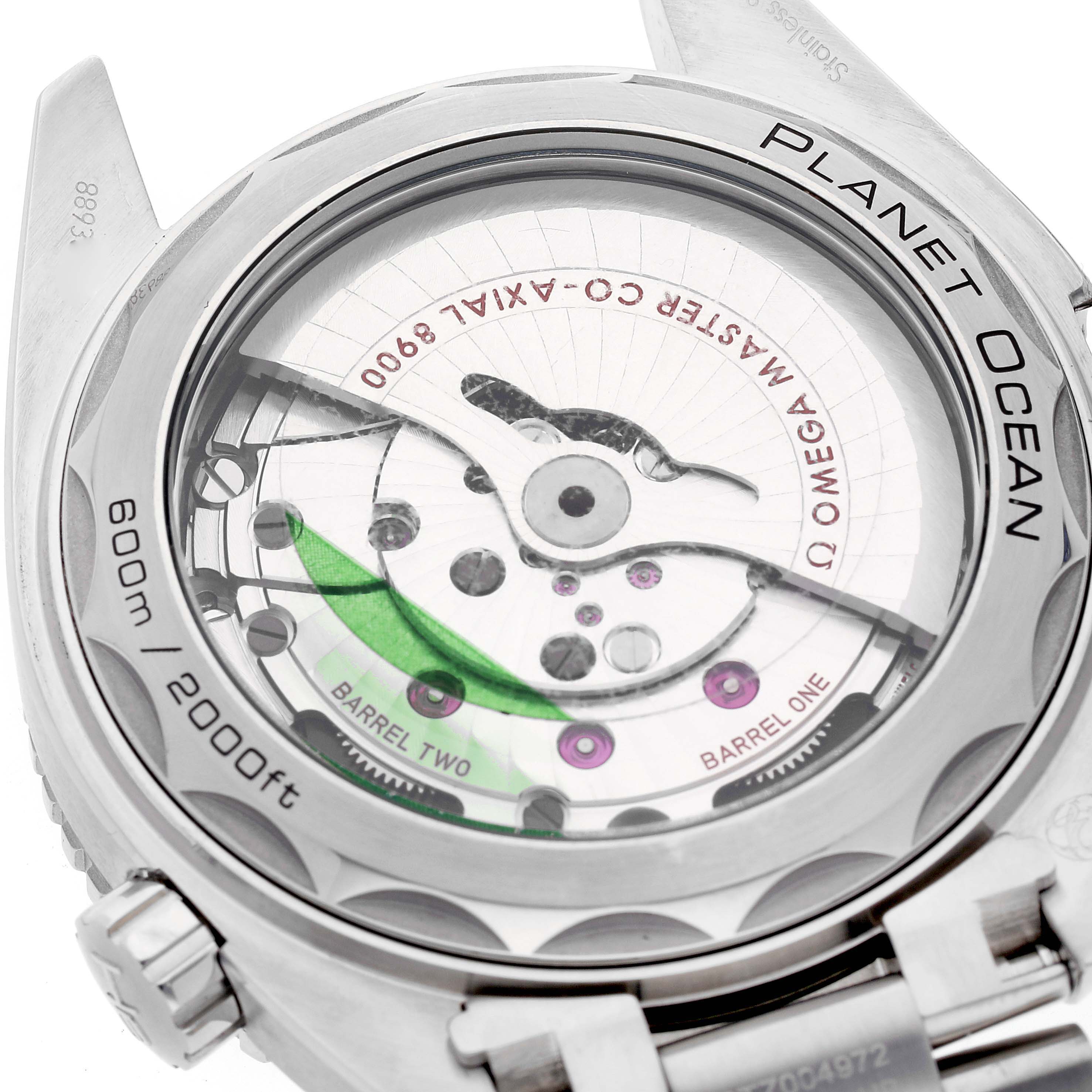 This image shows the back view of the Omega Seamaster Planet Ocean Men's Watch 215.30.44.21.03.001, highlighting its intricate movement and branding.