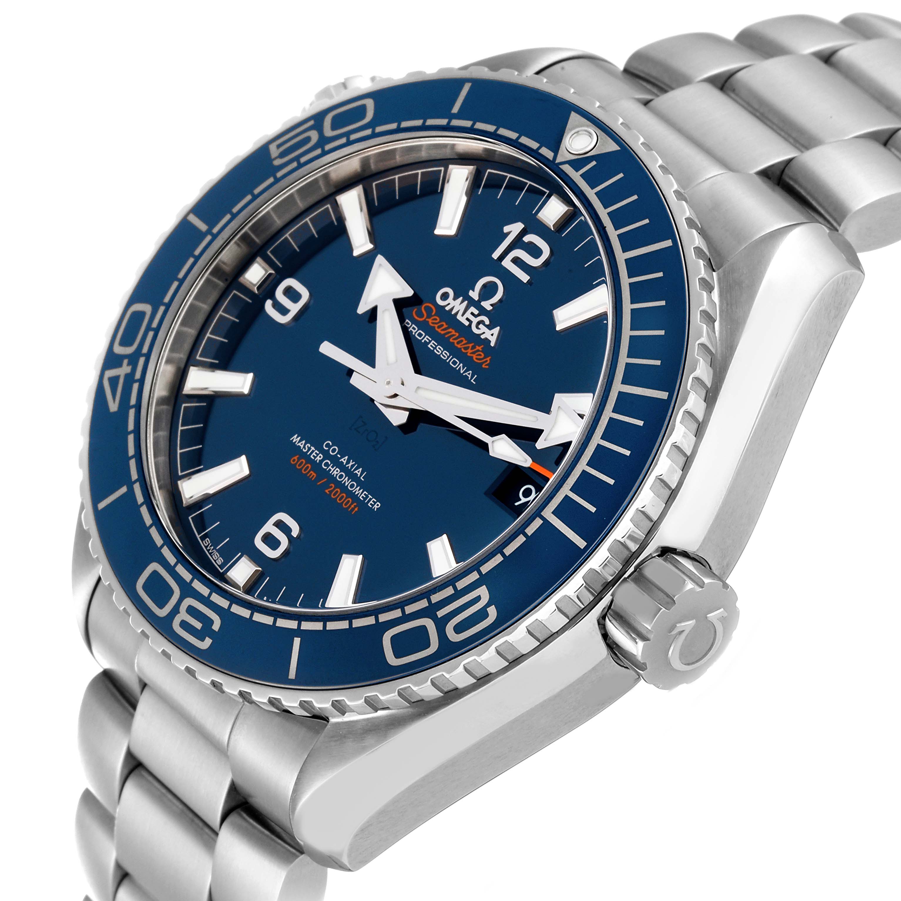 The Omega Seamaster Planet Ocean Men's Watch 215.30.44.21.03.001 is shown from an angled close-up, displaying the face, bezel, and bracelet.
