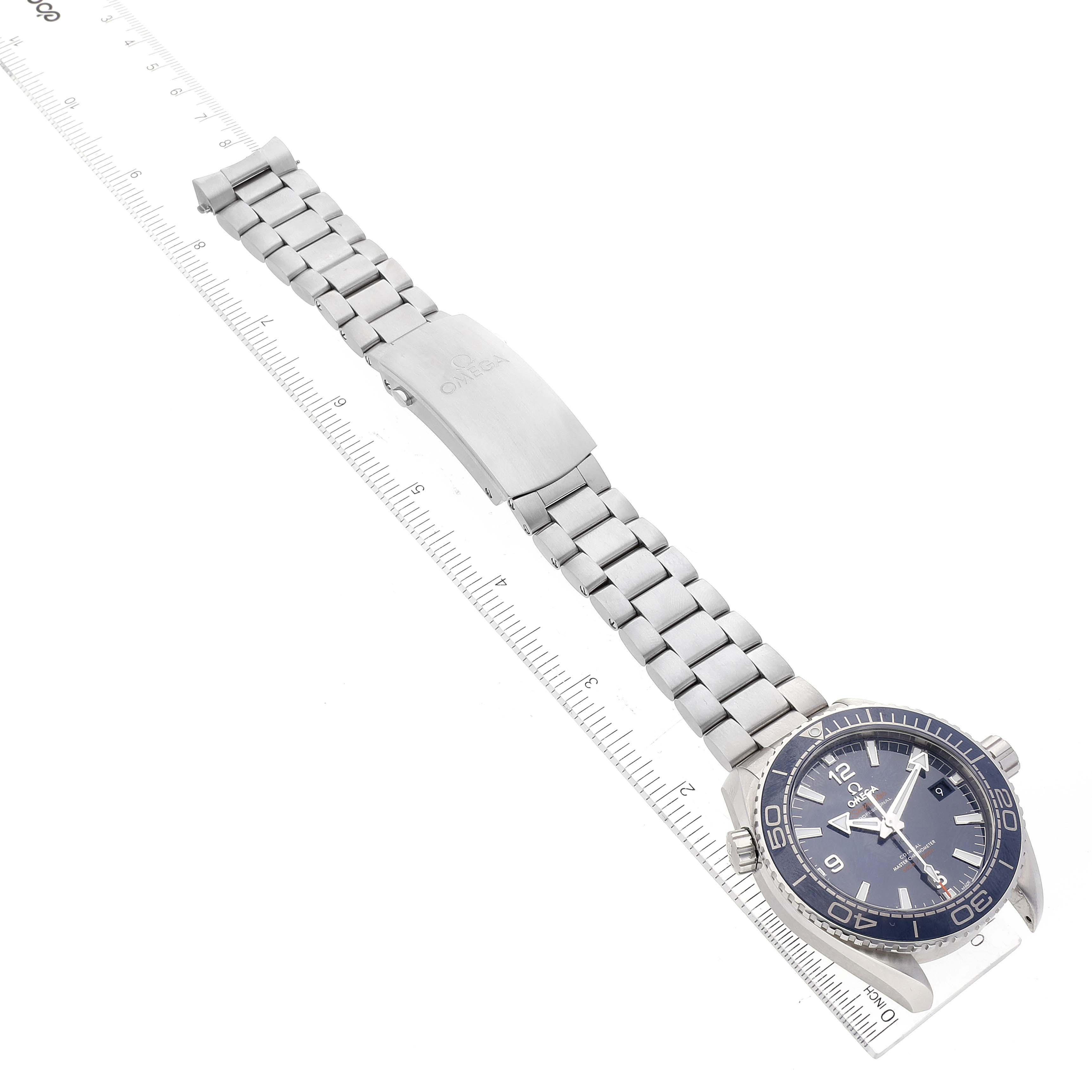 This image shows an Omega Seamaster Planet Ocean Men's Watch 215.30.44.21.03.001 from an overhead angle, displaying its face, bezel, and bracelet fully extended.