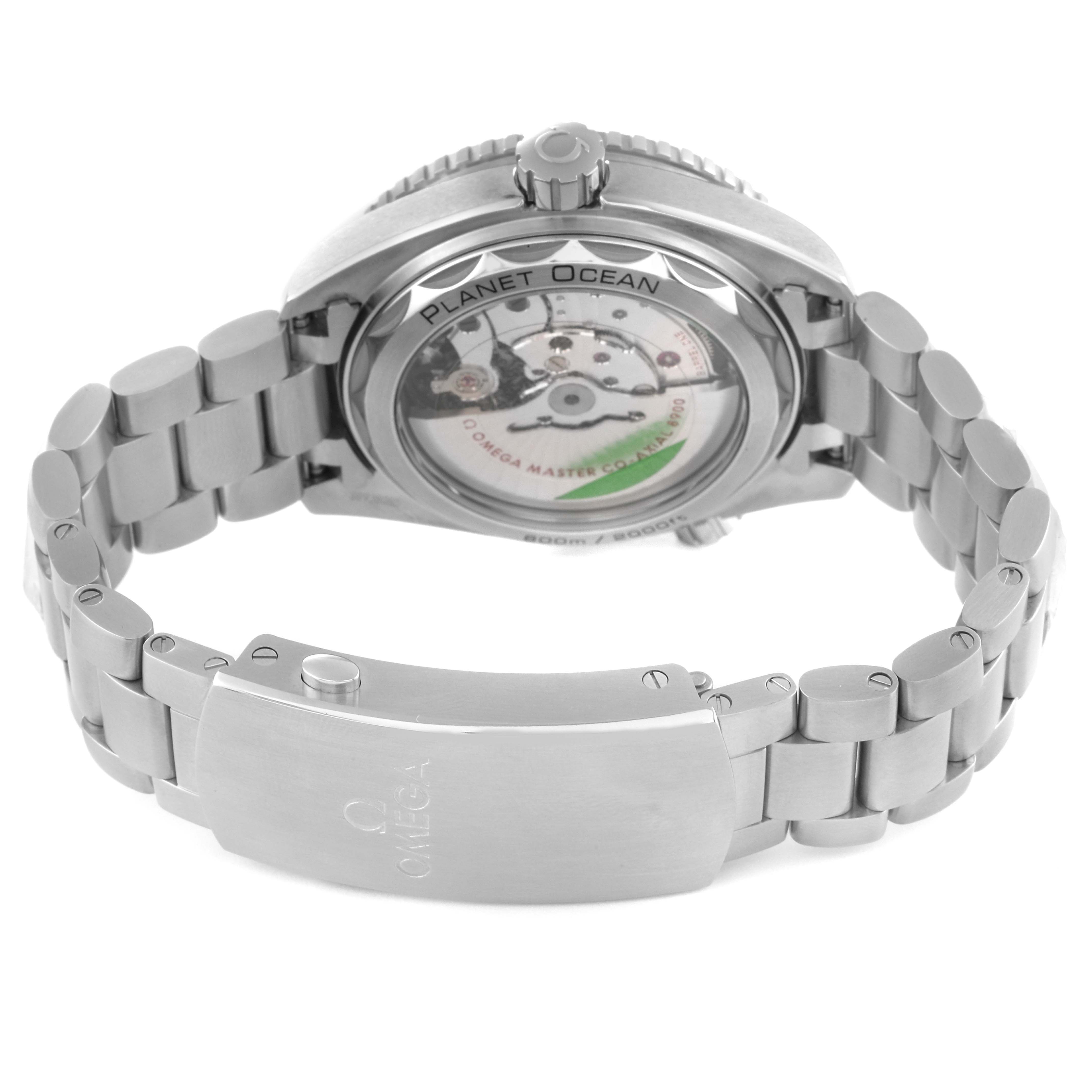 This image shows the back and bracelet of an Omega Seamaster Planet Ocean Men's Watch 215.30.44.21.03.001.