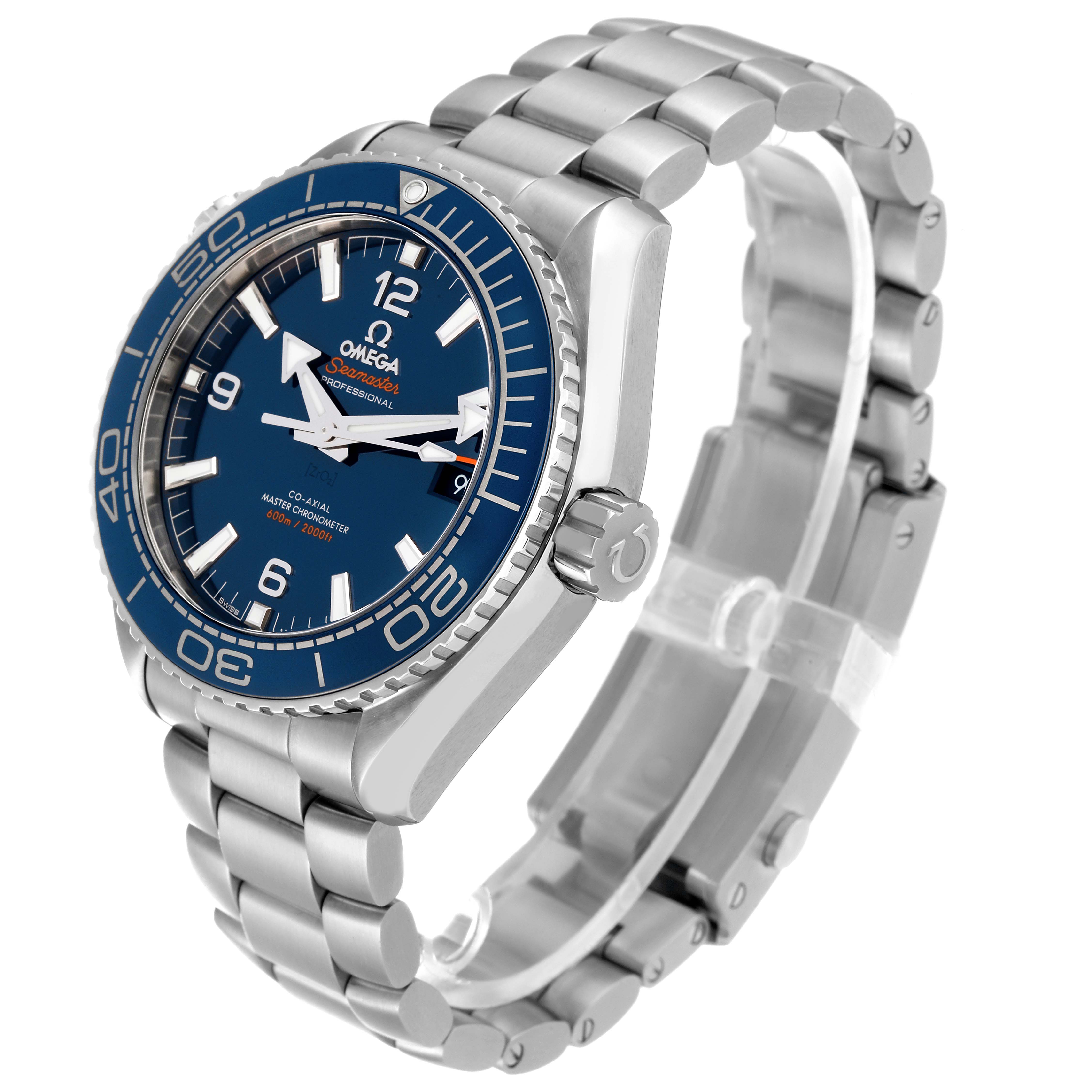 This image shows an Omega Seamaster Planet Ocean Mens Watch model 215.30.44.21.03.001 from a three-quarter angle, highlighting its blue dial and stainless steel bracelet.