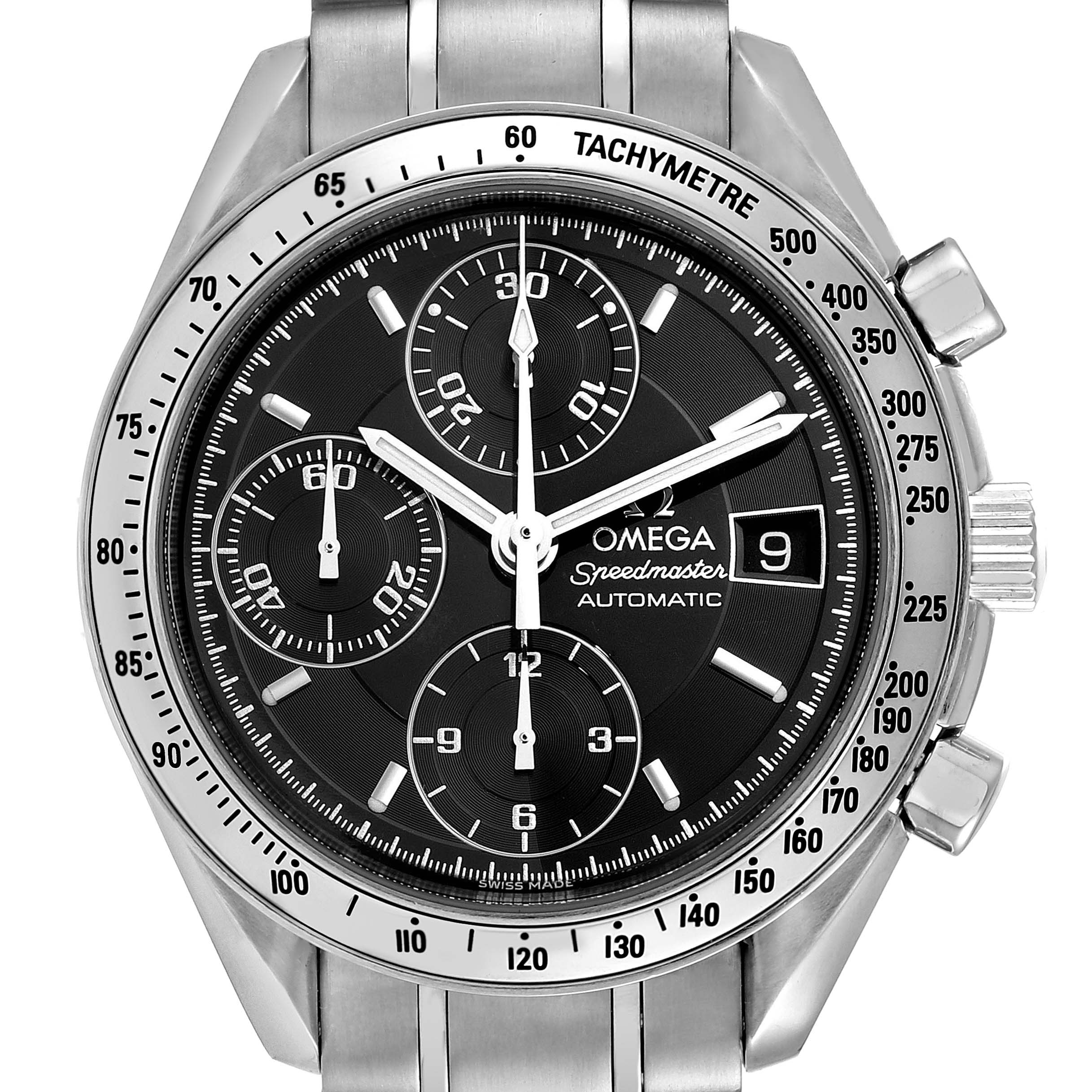 The image shows the front view of the Omega 3513.50.00 Men's Stainless Steel Black Dial 3513.50.00 Men's Stainless Steel Black Dial Speedmaster Date 39mm Automatic Steel Men’s Watch 3513.50.00, highlighting the dial and tachymeter.