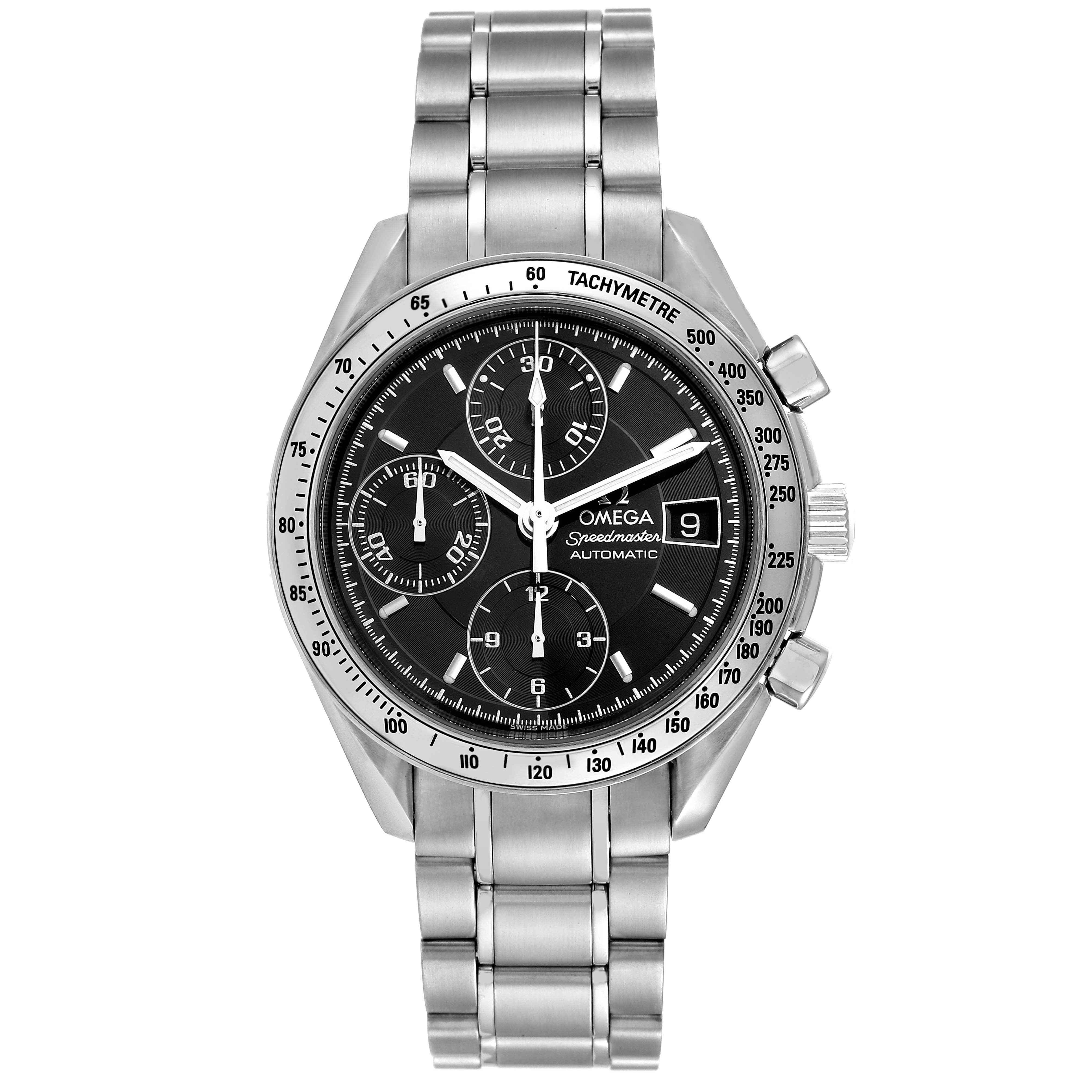 The Omega 3513.50.00 Men's Stainless Steel Black Dial 3513.50.00 Men's Stainless Steel Black Dial Speedmaster Date 39mm Automatic Steel Men's Watch 3513.50.00 is shown from a front angle, displaying the dial, bezel, and bracelet.