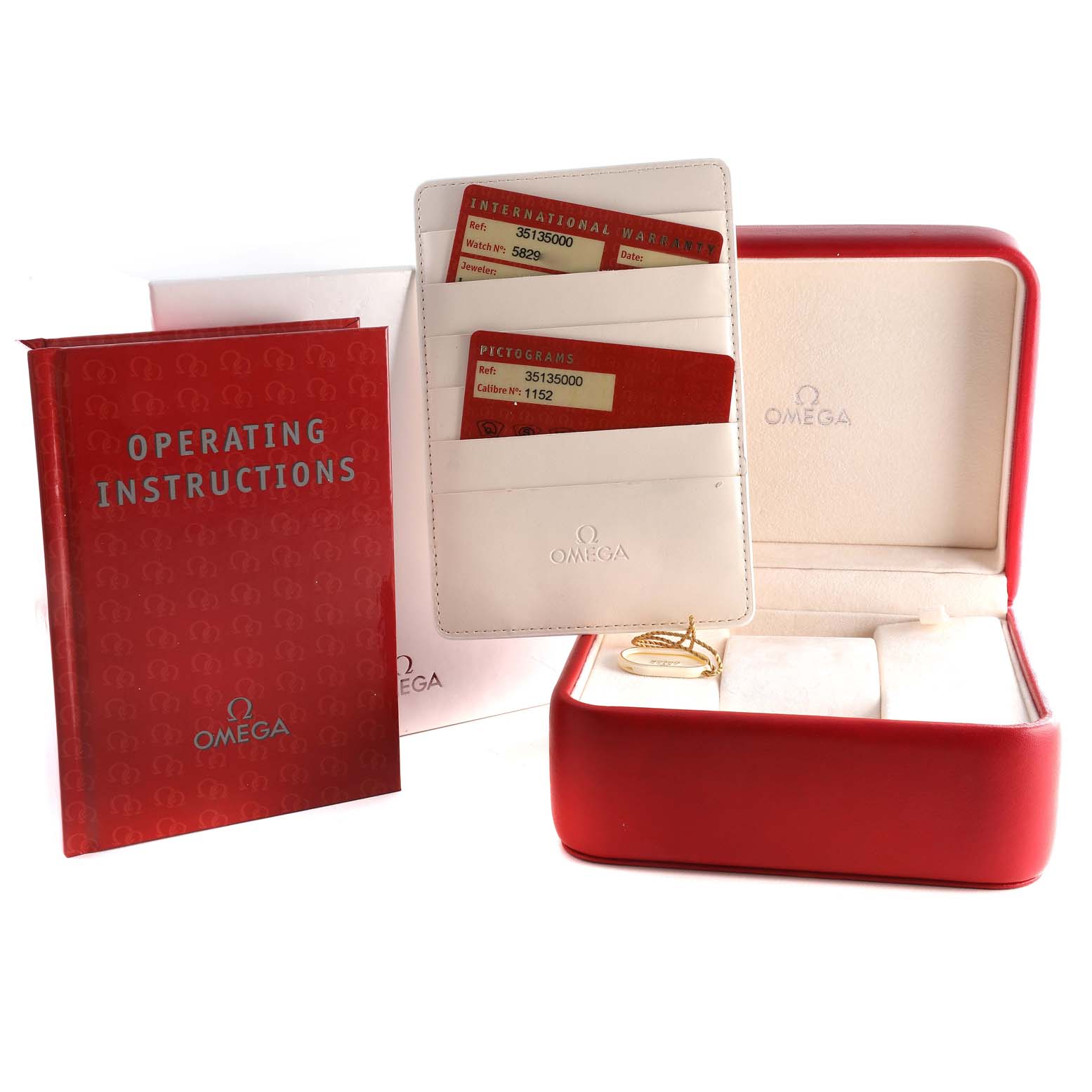 The image shows the box, operating instructions, and warranty cards for the Omega 3513.50.00 Men's Stainless Steel Black Dial 3513.50.00 Men's Stainless Steel Black Dial Speedmaster Date 39mm Automatic Steel Men's Watch 3513.50.00.