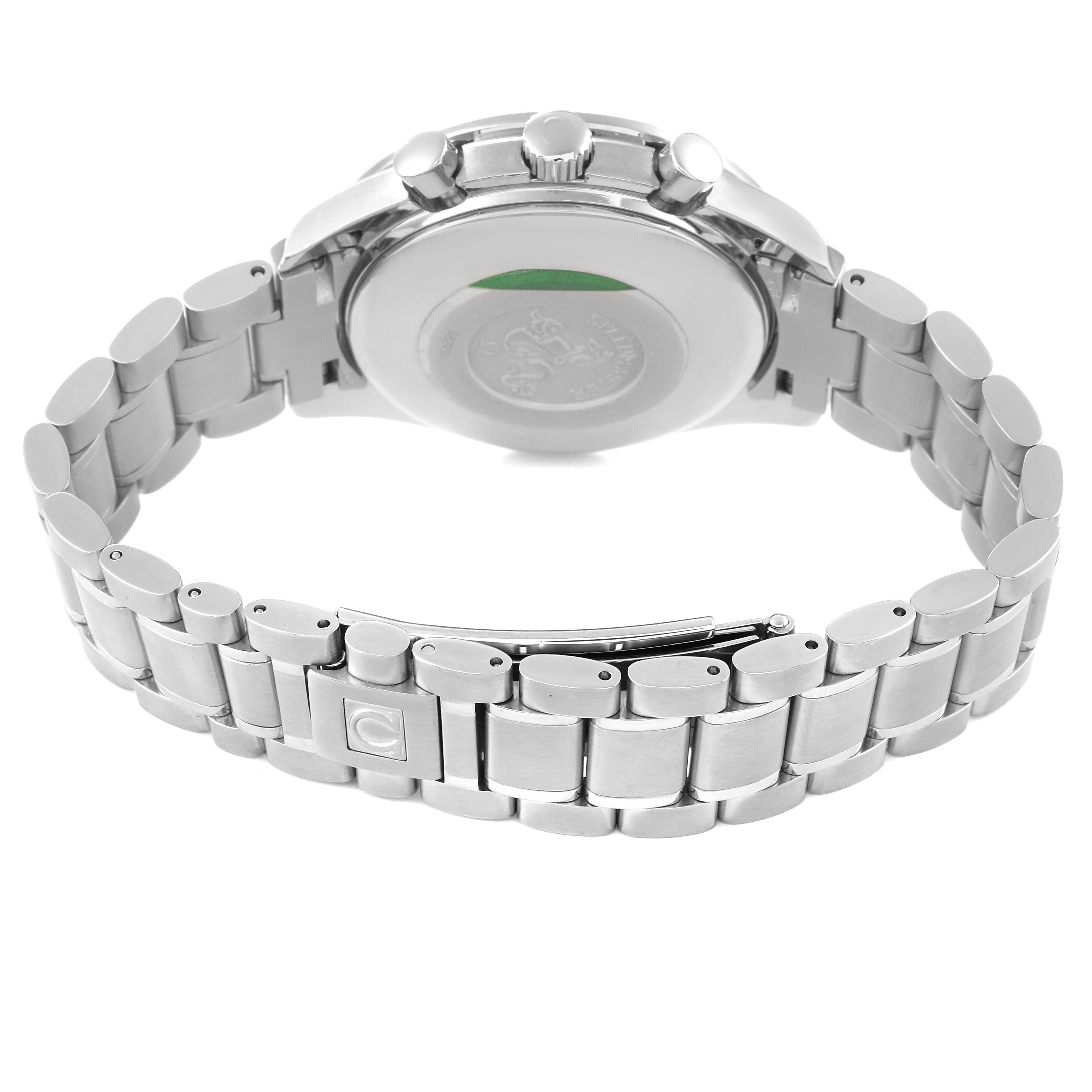 The image shows the back view of the Omega 3513.50.00 Men's Stainless Steel Black Dial 3513.50.00 Men's Stainless Steel Black Dial Speedmaster Date 39mm Automatic Steel Men's Watch 3513.50.00, highlighting its case back and bracelet.