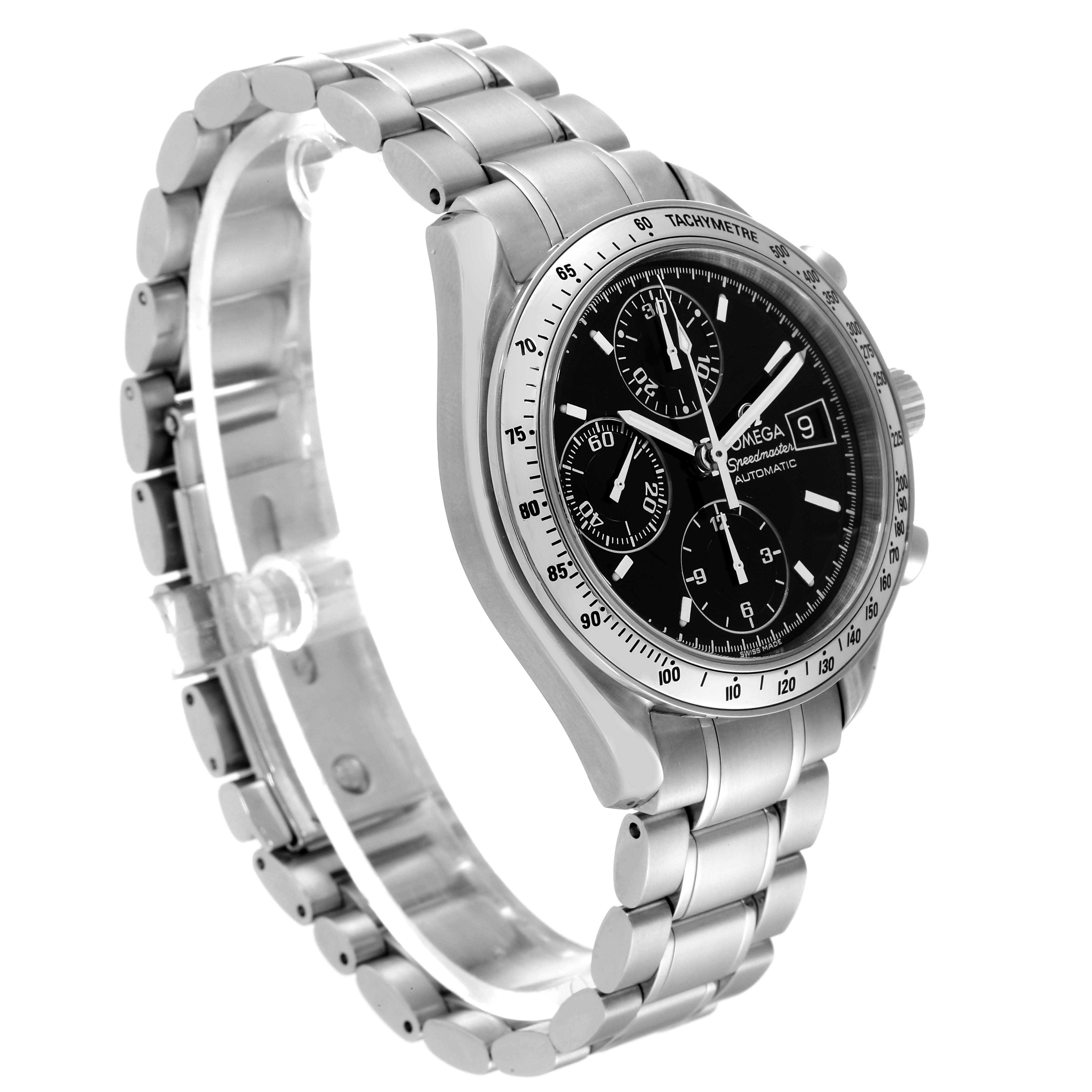 The Omega 3513.50.00 Men's Stainless Steel Black Dial 3513.50.00 Men's Stainless Steel Black Dial Speedmaster Date 39mm Automatic Steel Mens Watch 3513.50.00 is shown at a three-quarter angle, highlighting the bracelet and face.
