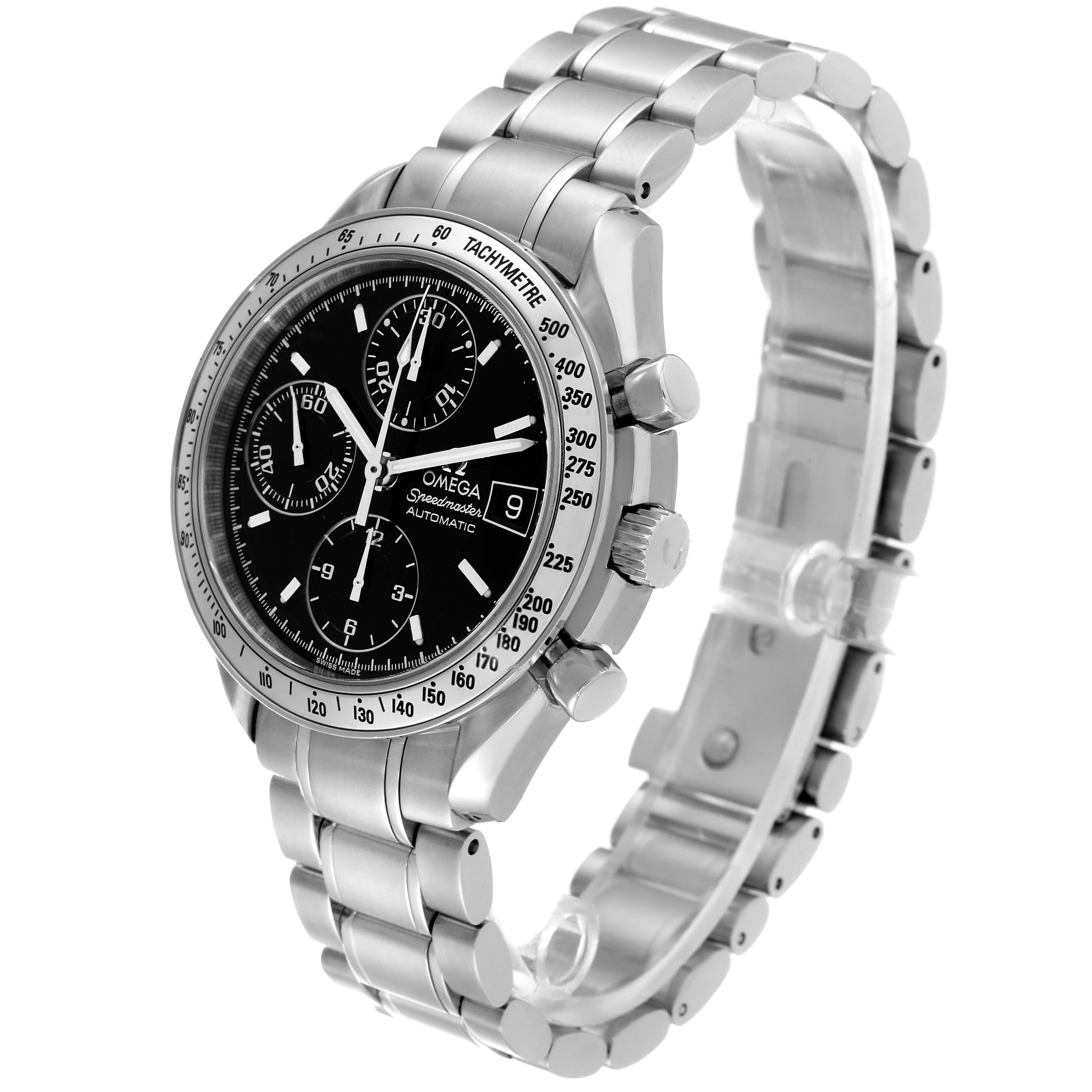 The Omega 3513.50.00 Men's Stainless Steel Black Dial 3513.50.00 Men's Stainless Steel Black Dial Speedmaster Date 39mm Automatic Steel Men's Watch 3513.50.00 is shown at a three-quarter angle displaying the face, bracelet, and side buttons.