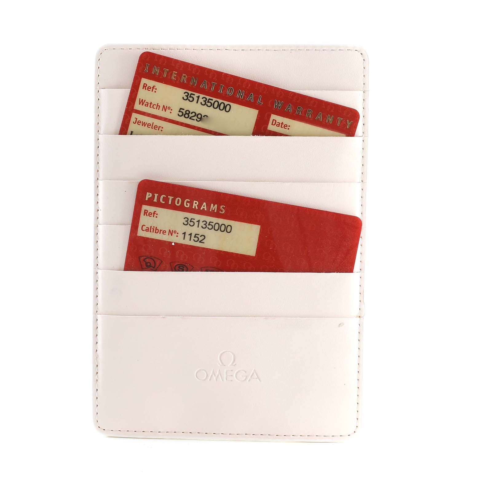 The image shows two Omega 3513.50.00 Men's Stainless Steel Black Dial 3513.50.00 Men's Stainless Steel Black Dial cards (international warranty and pictograms) associated with the Omega 3513.50.00 Men's Stainless Steel Black Dial 3513.50.00 Men's Stainless Steel Black Dial Speedmaster Date 39mm Automatic Steel Men's Watch 3513.50.00.