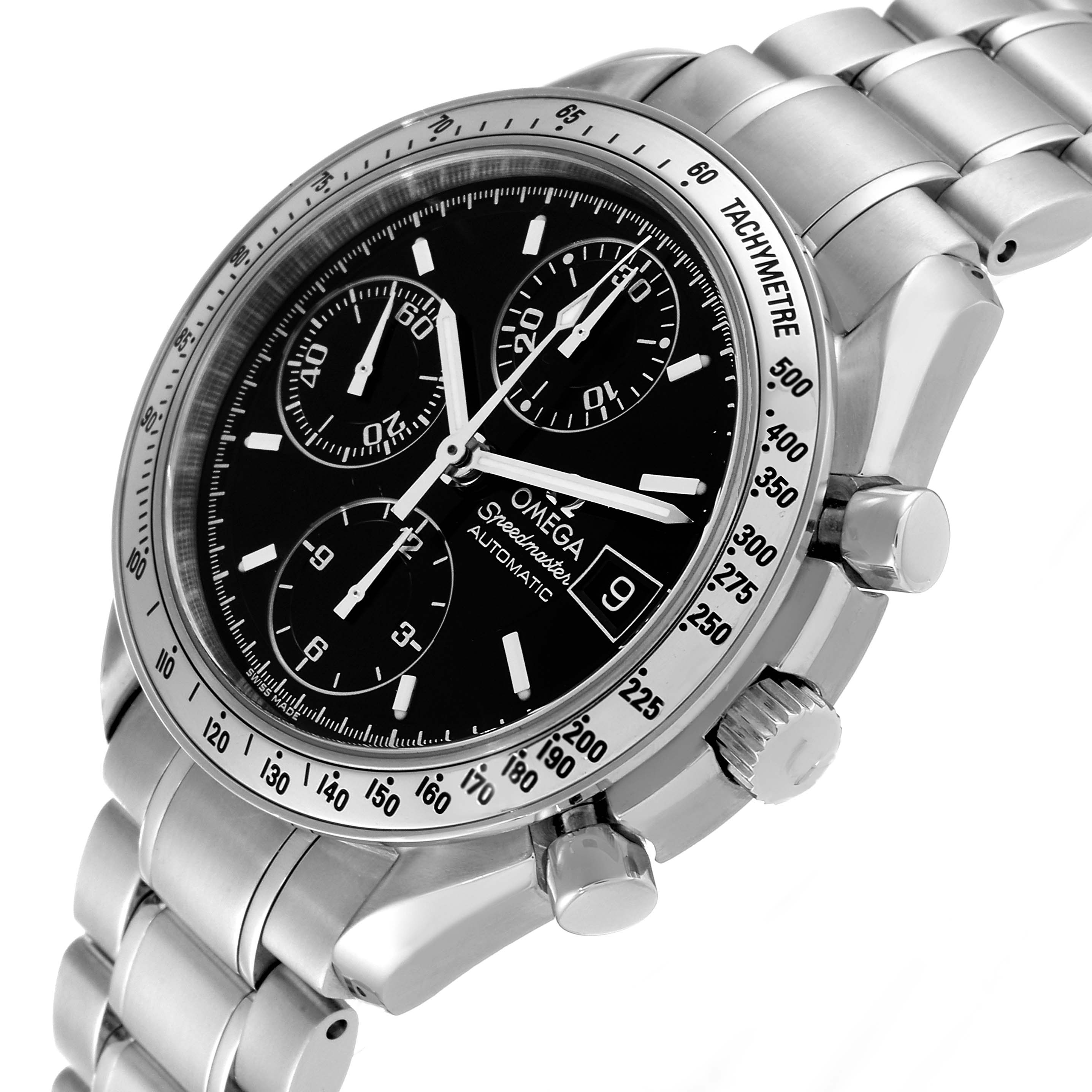 The Omega 3513.50.00 Men's Stainless Steel Black Dial 3513.50.00 Men's Stainless Steel Black Dial Speedmaster Date 39mm Automatic Steel Men's Watch 3513.50.00 is shown at an angle highlighting its face, bezel, and bracelet.