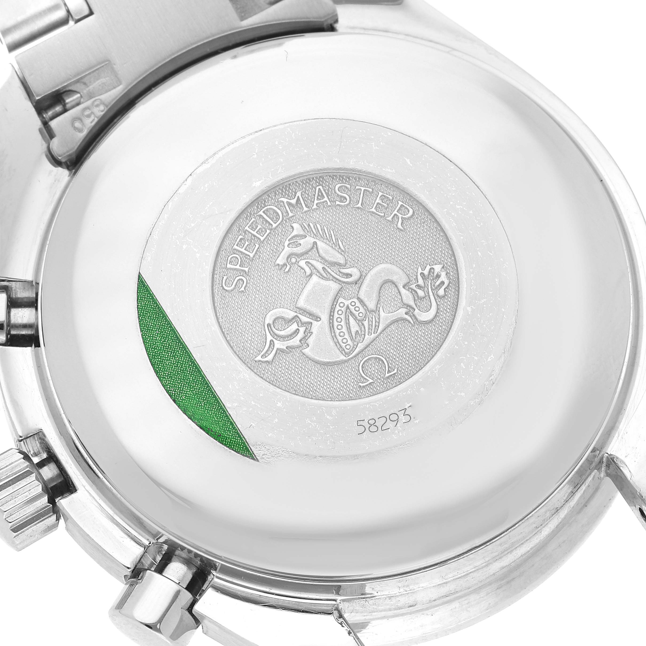 The image shows the case back of the Omega 3513.50.00 Men's Stainless Steel Black Dial 3513.50.00 Men's Stainless Steel Black Dial Speedmaster Date 39mm Automatic Steel Men's Watch 3513.50.00.