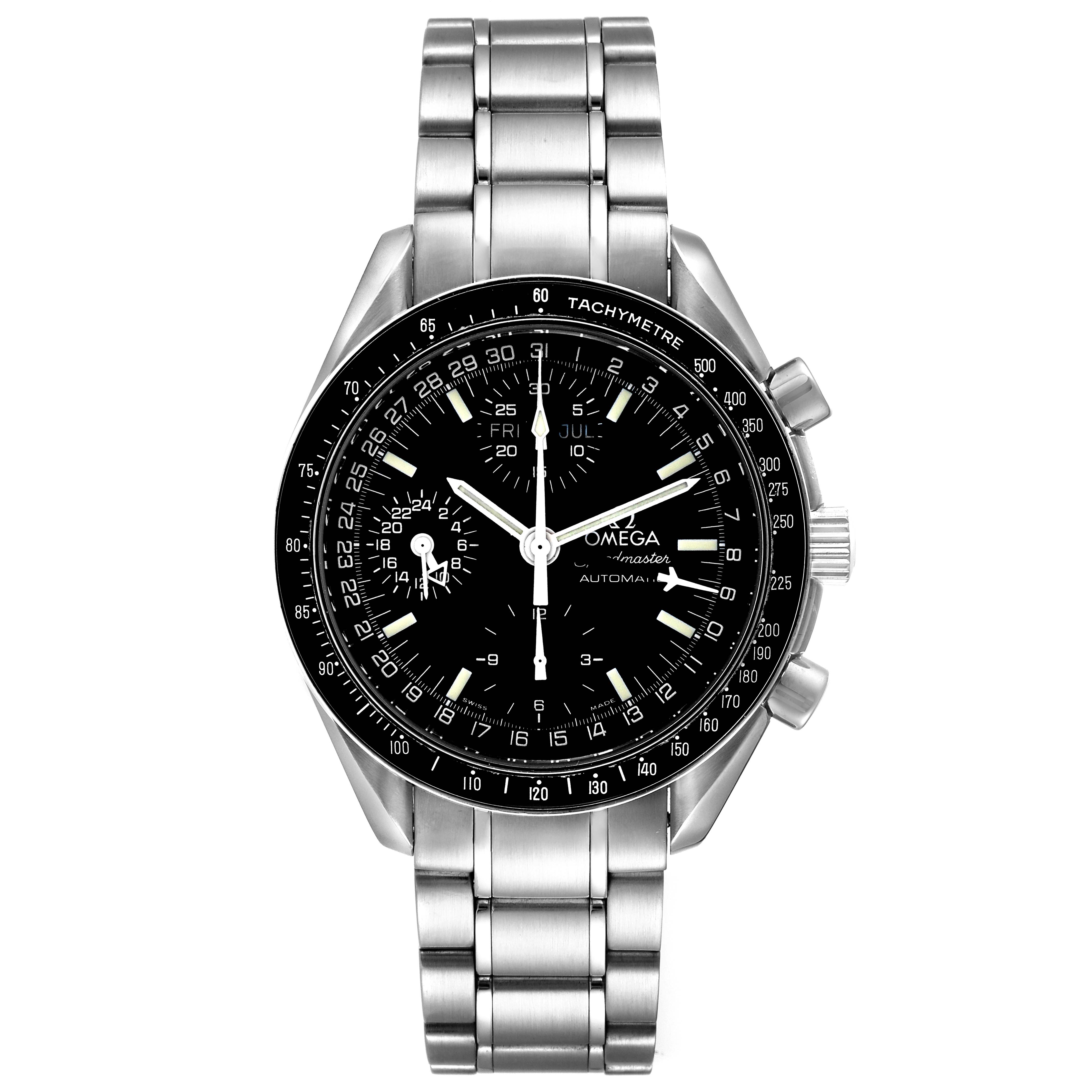 The image shows a front view of an Omega Speedmaster 3520.50.00 Men
s Stainless Steel Black Dial 3520.50.00 Men
s Stainless Steel Black Dial watch, highlighting the face, bezel, and metal bracelet.