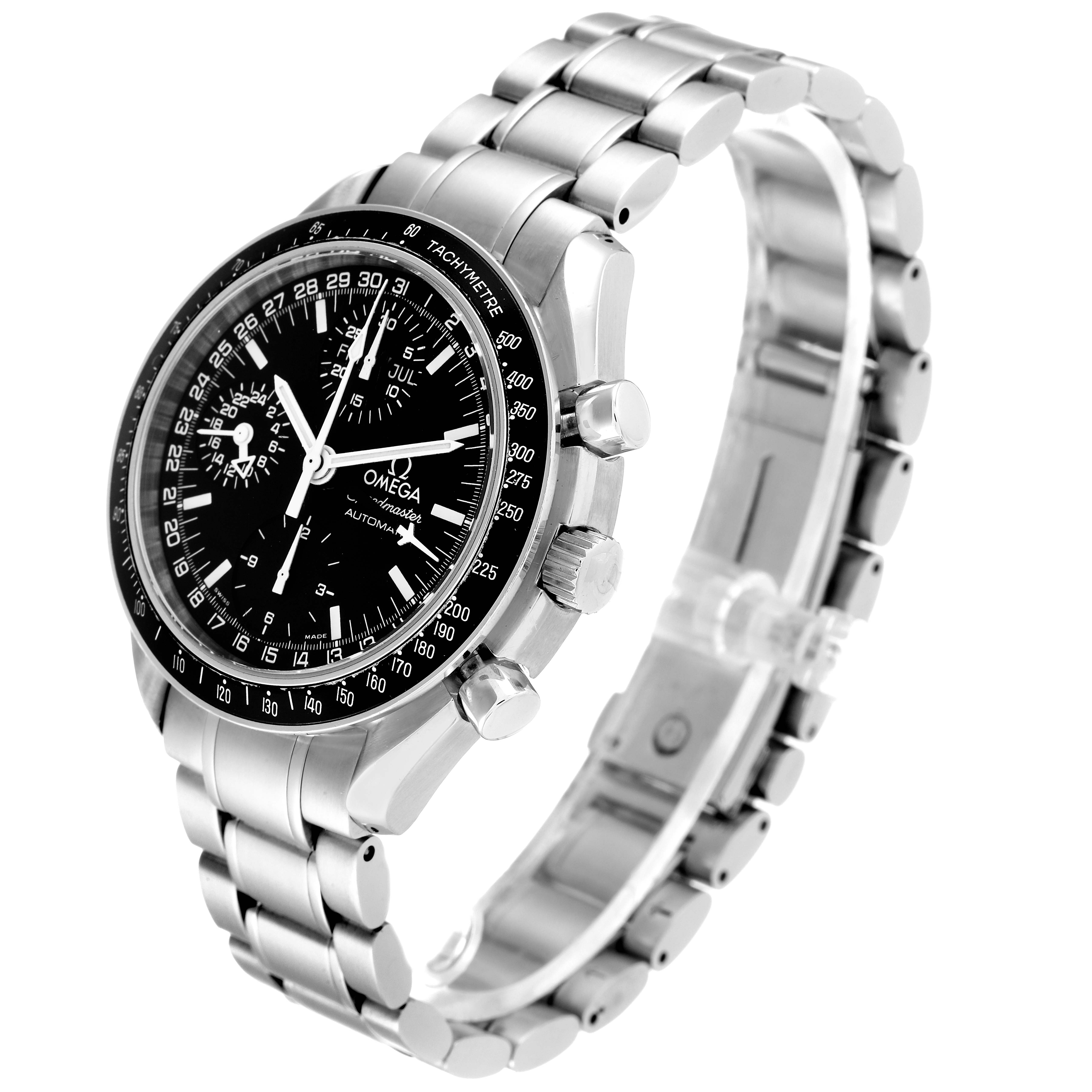 The image shows an Omega Speedmaster 3520.50.00 Men
s Stainless Steel Black Dial 3520.50.00 Men
s Stainless Steel Black Dial watch, viewed at an angle that highlights its face, bezel, crown, push-buttons, and bracelet.