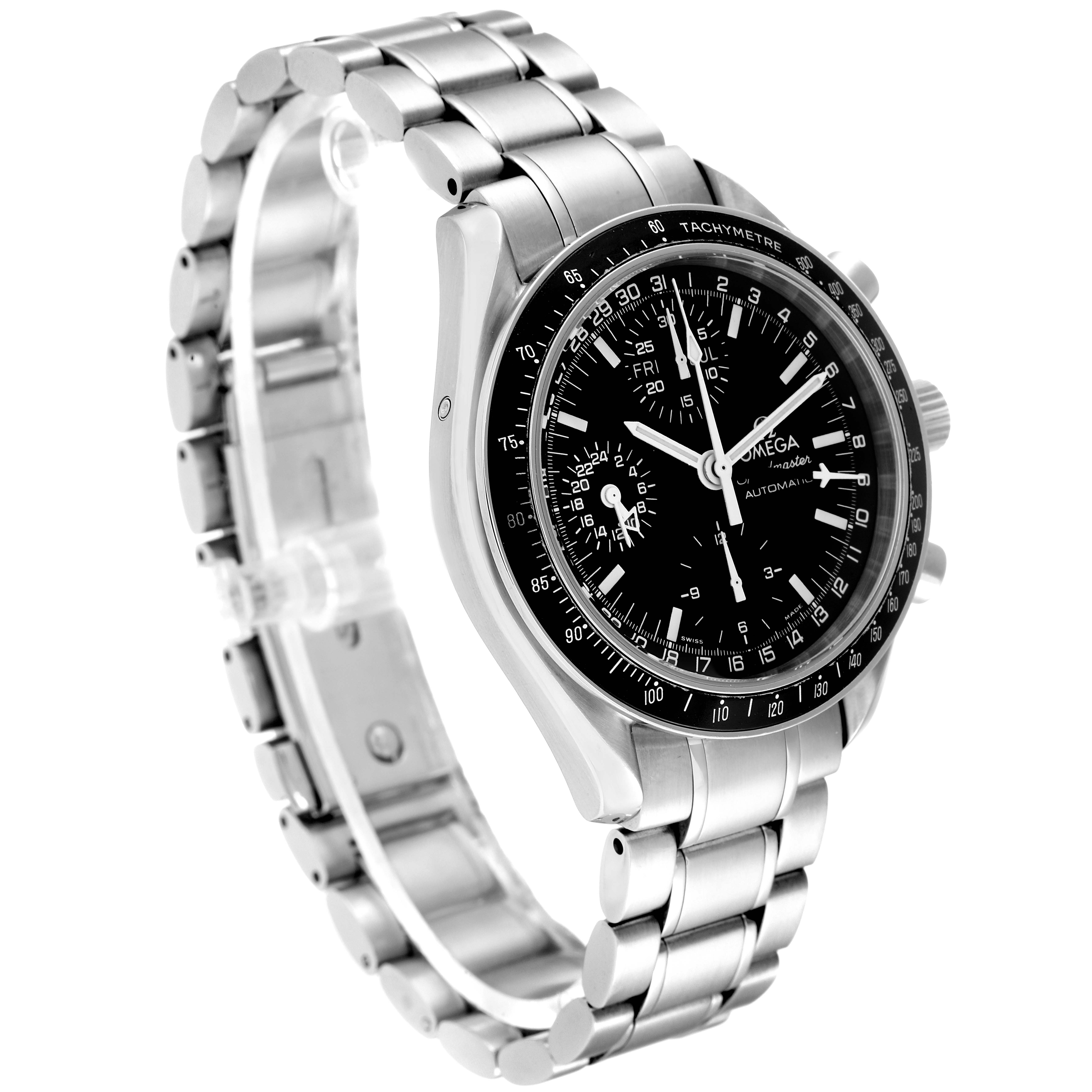 The Omega Speedmaster 3520.50.00 Men
s Stainless Steel Black Dial 3520.50.00 Men
s Stainless Steel Black Dial watch is shown from an angled side view, displaying the face, bezel, and metal band.