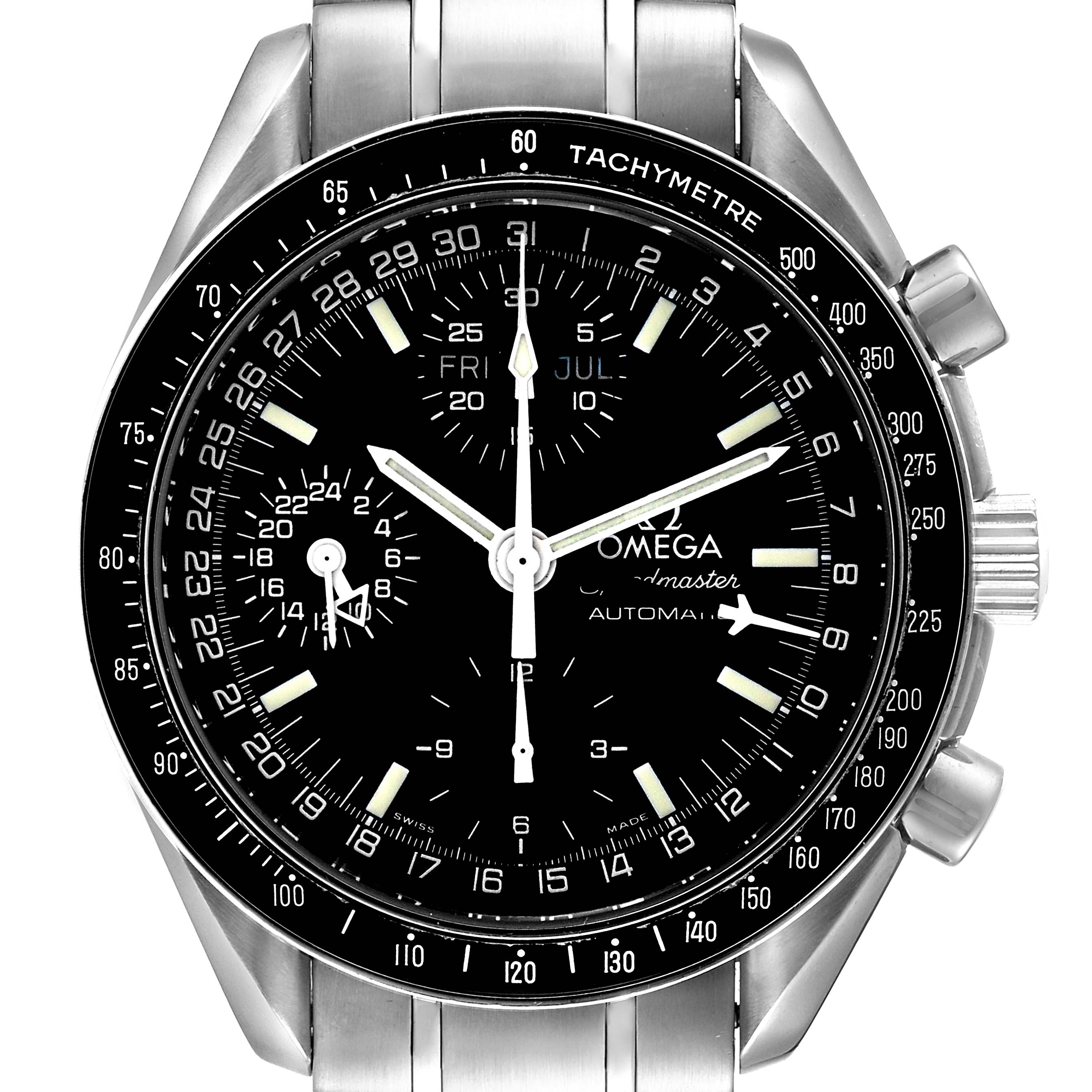 This image shows a front view of an Omega Speedmaster 3520.50.00 Men
s Stainless Steel Black Dial 3520.50.00 Men
s Stainless Steel Black Dial watch, highlighting its dial, tachymeter bezel, and stainless steel bracelet.