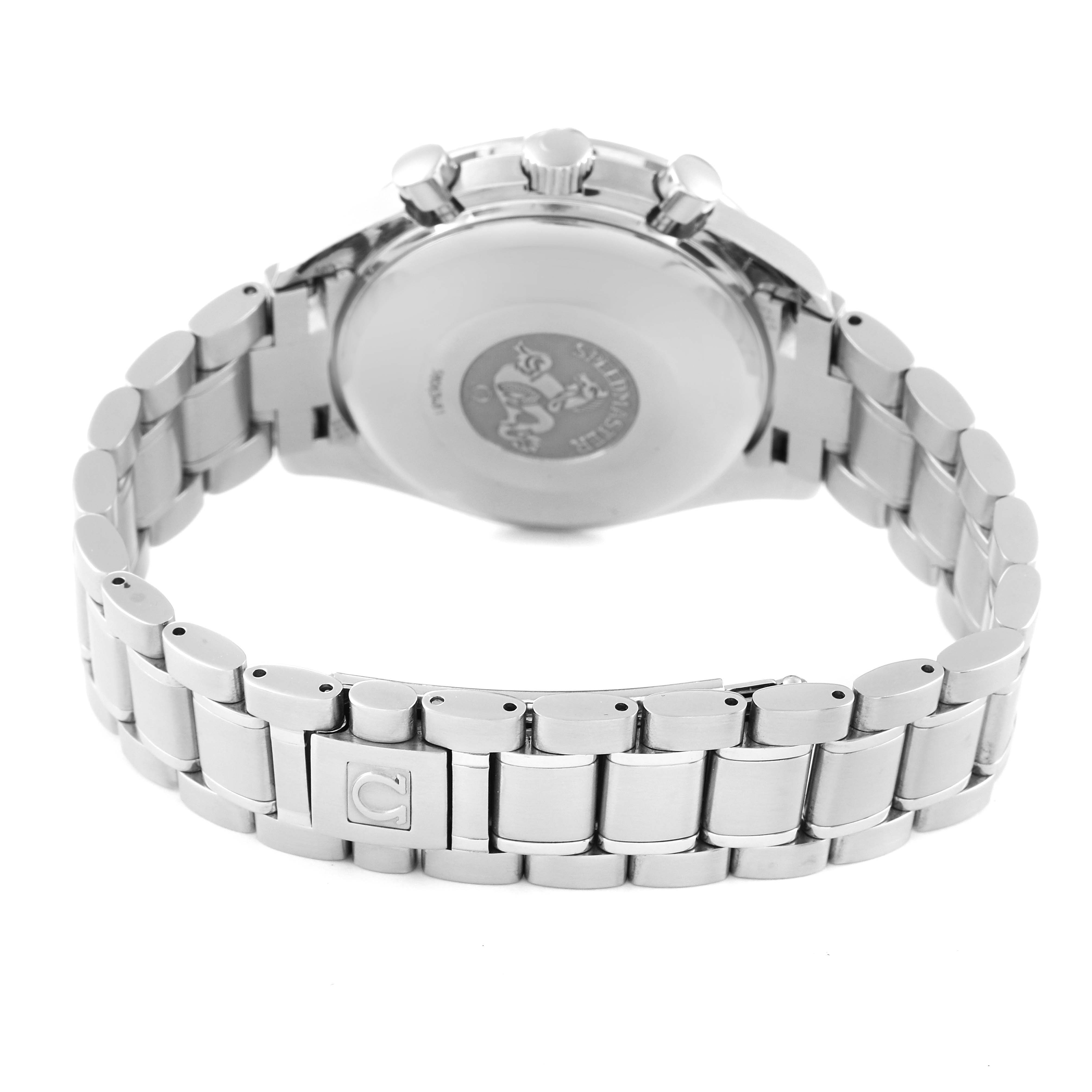 The image shows the back view of an Omega Speedmaster 3520.50.00 Men
s Stainless Steel Black Dial 3520.50.00 Men
s Stainless Steel Black Dial watch, focusing on the case back and the bracelet.