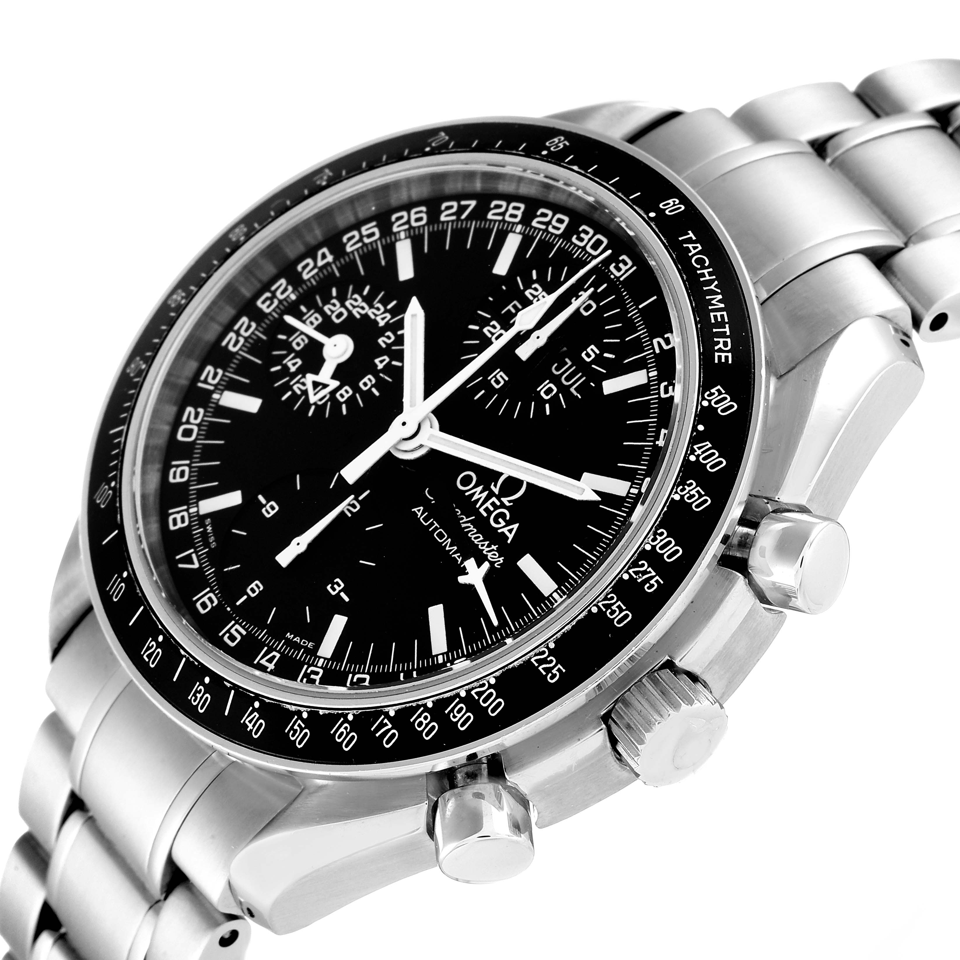 The image shows an Omega Speedmaster 3520.50.00 Men
s Stainless Steel Black Dial 3520.50.00 Men
s Stainless Steel Black Dial watch at an angle displaying the face, bezel, and part of the stainless steel bracelet.