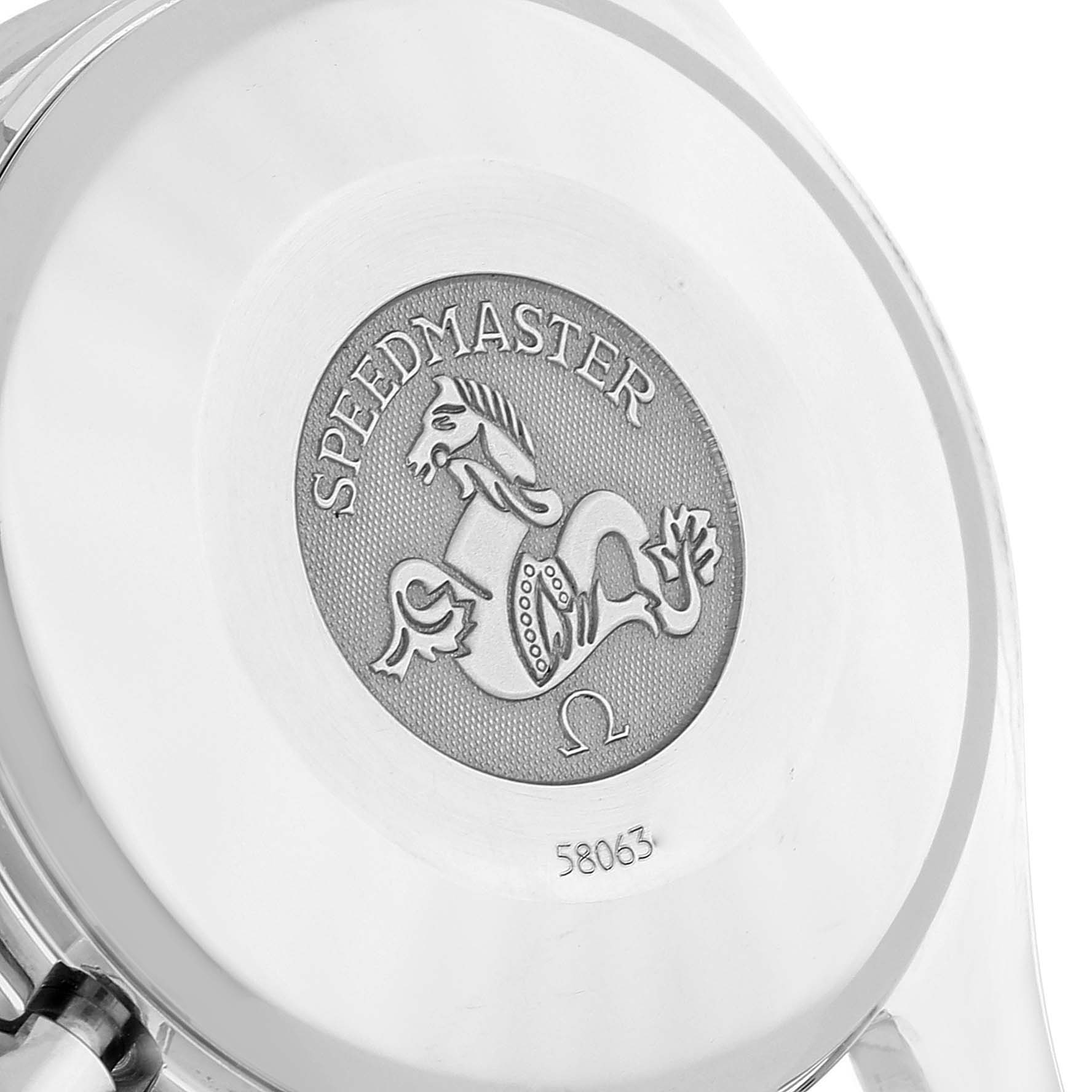 This image shows the backside of an Omega Speedmaster 3520.50.00 Men
s Stainless Steel Black Dial 3520.50.00 Men
s Stainless Steel Black Dial watch, focusing on the engraved logo and branding.