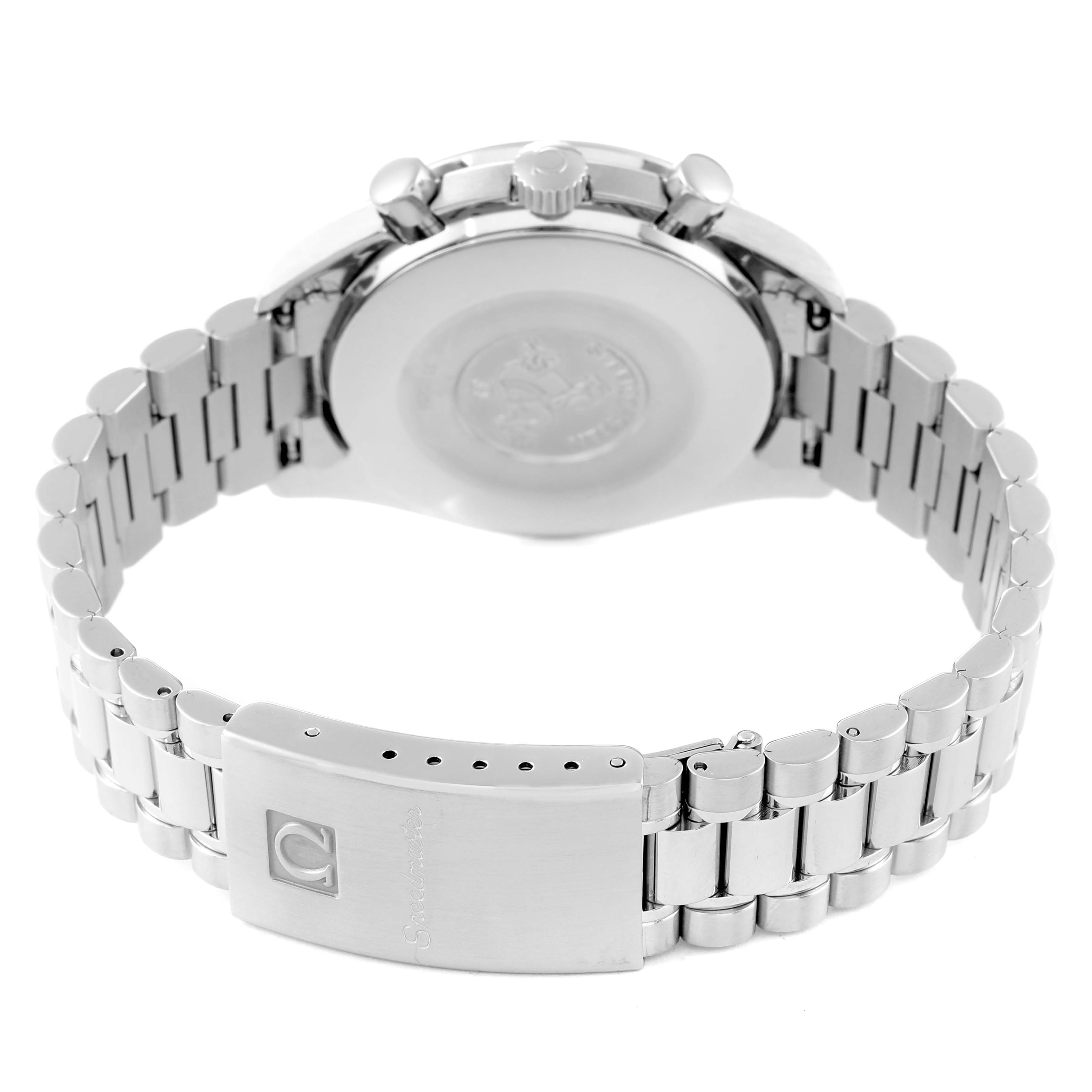 The image shows the back case, crown, pushers, and bracelet of an Omega Speedmaster 3510.50.00 Men's Steel and Gold (two tone) Black Dial 3510.50.00 Men's Steel and Gold (two tone) Black Dial watch.