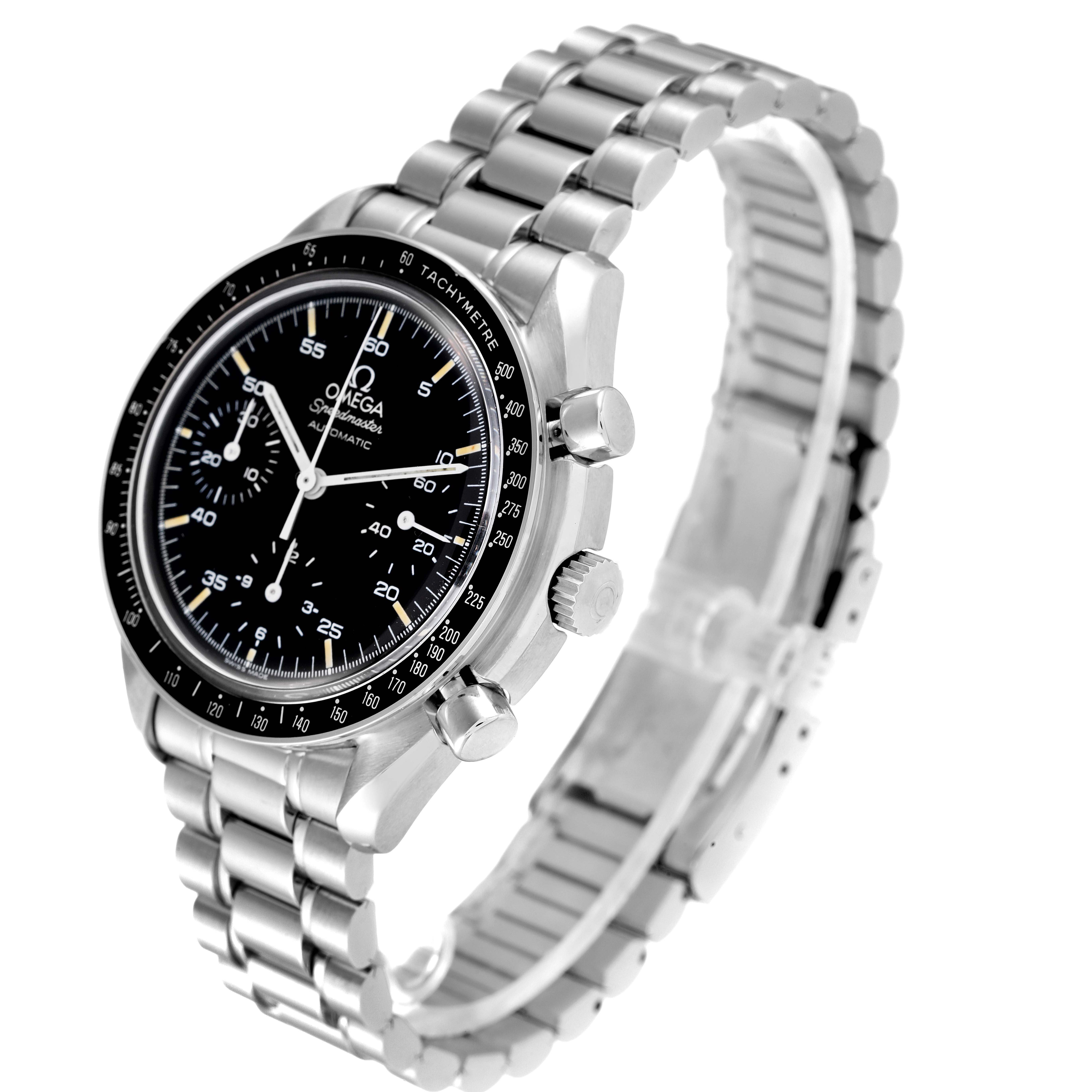 This Omega Speedmaster 3510.50.00 Men's Steel and Gold (two tone) Black Dial 3510.50.00 Men's Steel and Gold (two tone) Black Dial watch is shown at a three-quarter angle, highlighting its face, bezel, crown, pushers, and stainless steel bracelet.