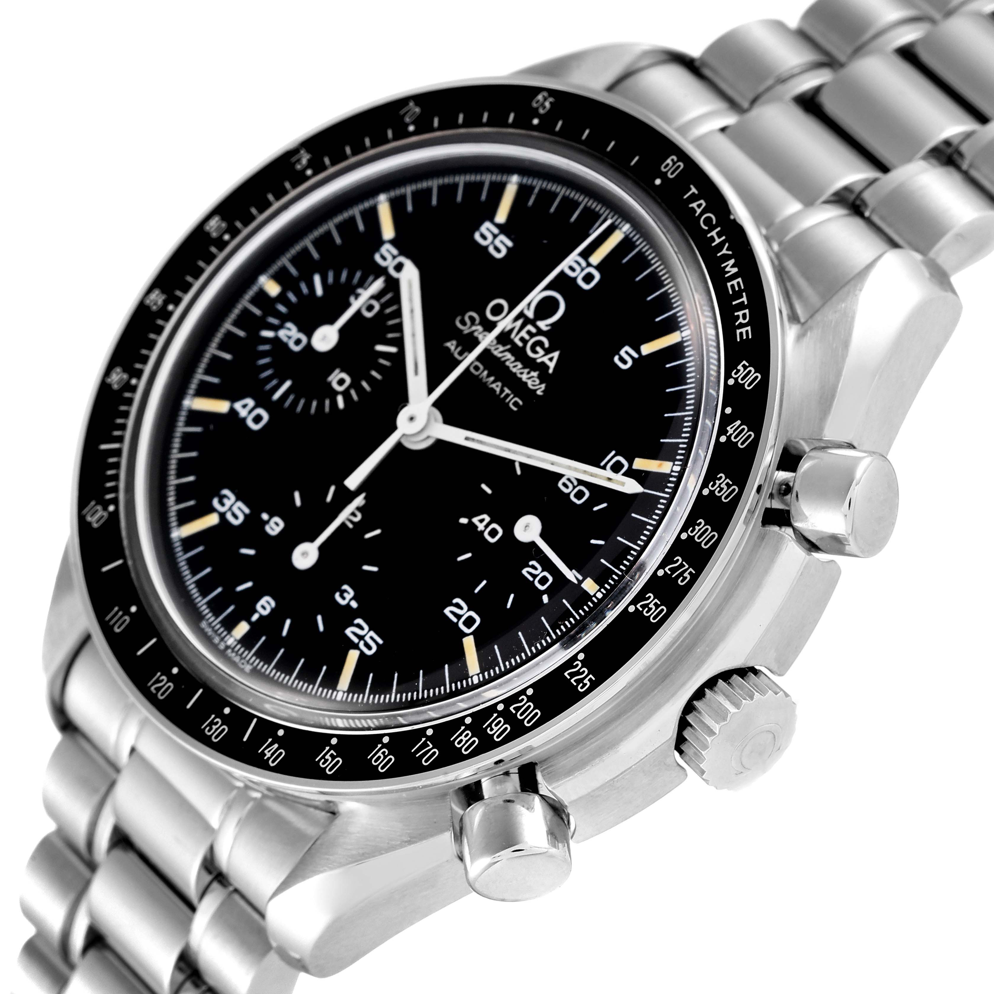 This image shows an Omega Speedmaster 3510.50.00 Men's Steel and Gold (two tone) Black Dial 3510.50.00 Men's Steel and Gold (two tone) Black Dial watch at an angle highlighting the black dial, bezel, and stainless steel bracelet.