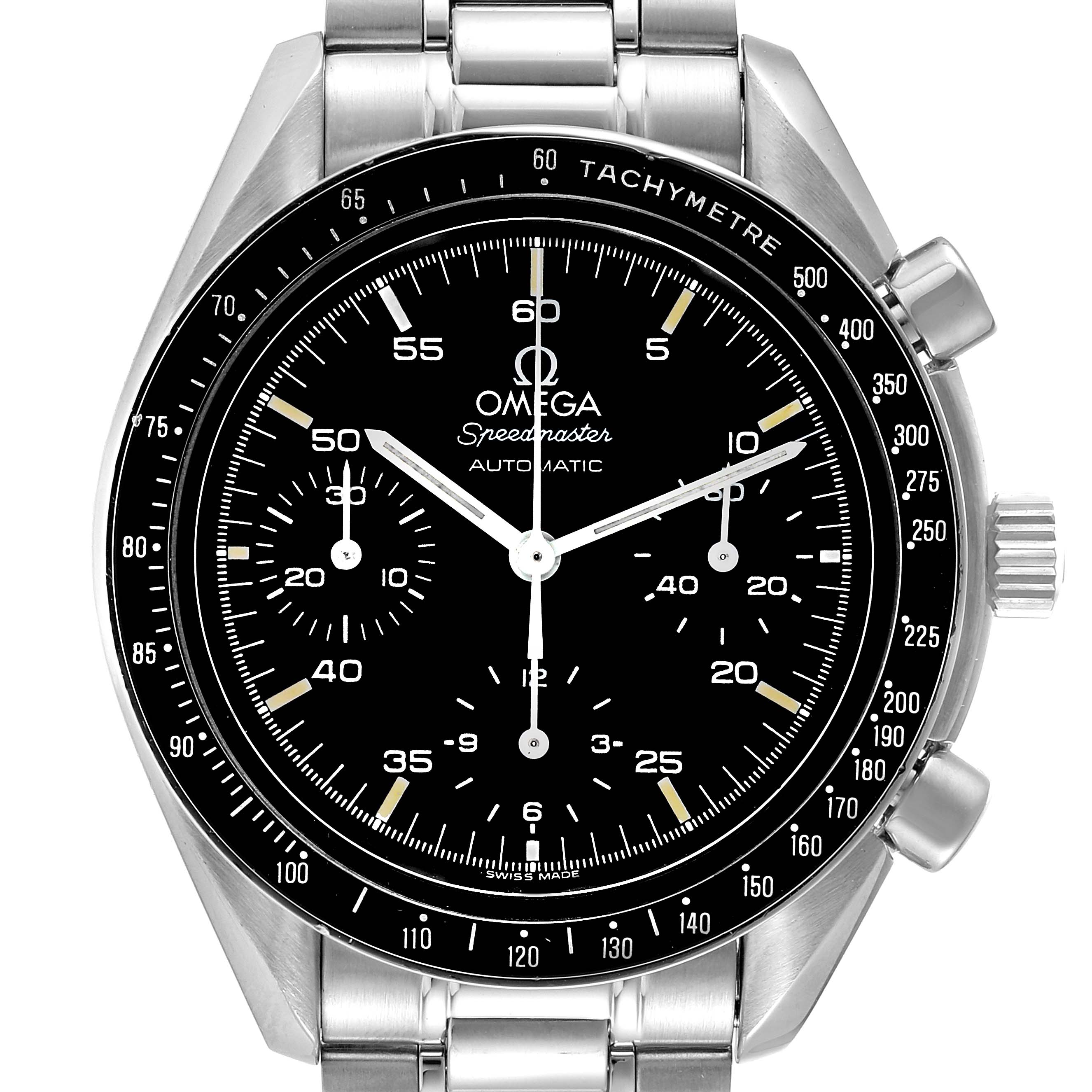 The image shows a front view of the Omega Speedmaster 3510.50.00 Men's Steel and Gold (two tone) Black Dial 3510.50.00 Men's Steel and Gold (two tone) Black Dial watch, highlighting the black dial, tachymeter bezel, and stainless steel bracelet.