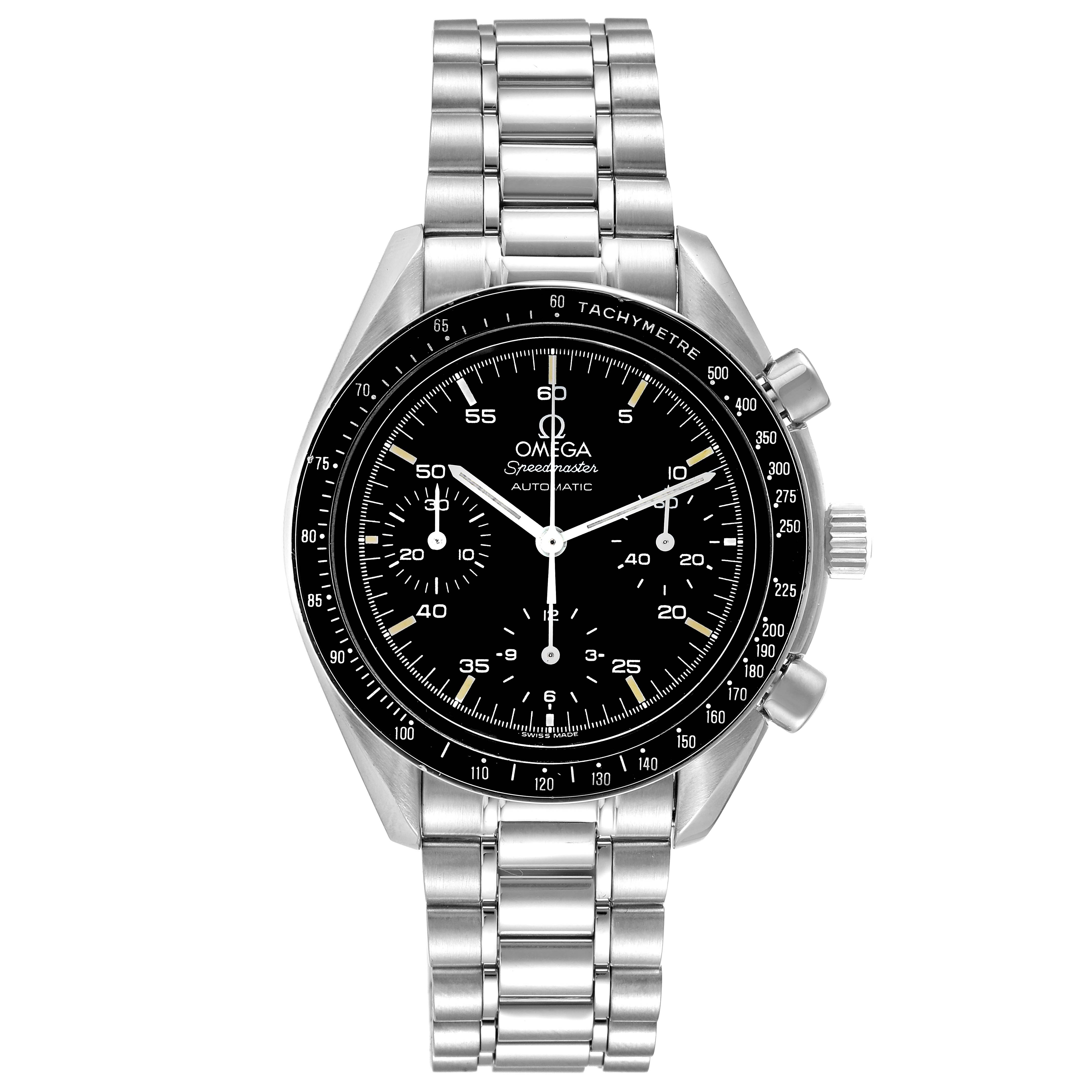 The image shows a front view of an Omega Speedmaster 3510.50.00 Men's Steel and Gold (two tone) Black Dial 3510.50.00 Men's Steel and Gold (two tone) Black Dial watch, featuring its black dial, chronograph, tachymeter bezel, and stainless steel bracelet.